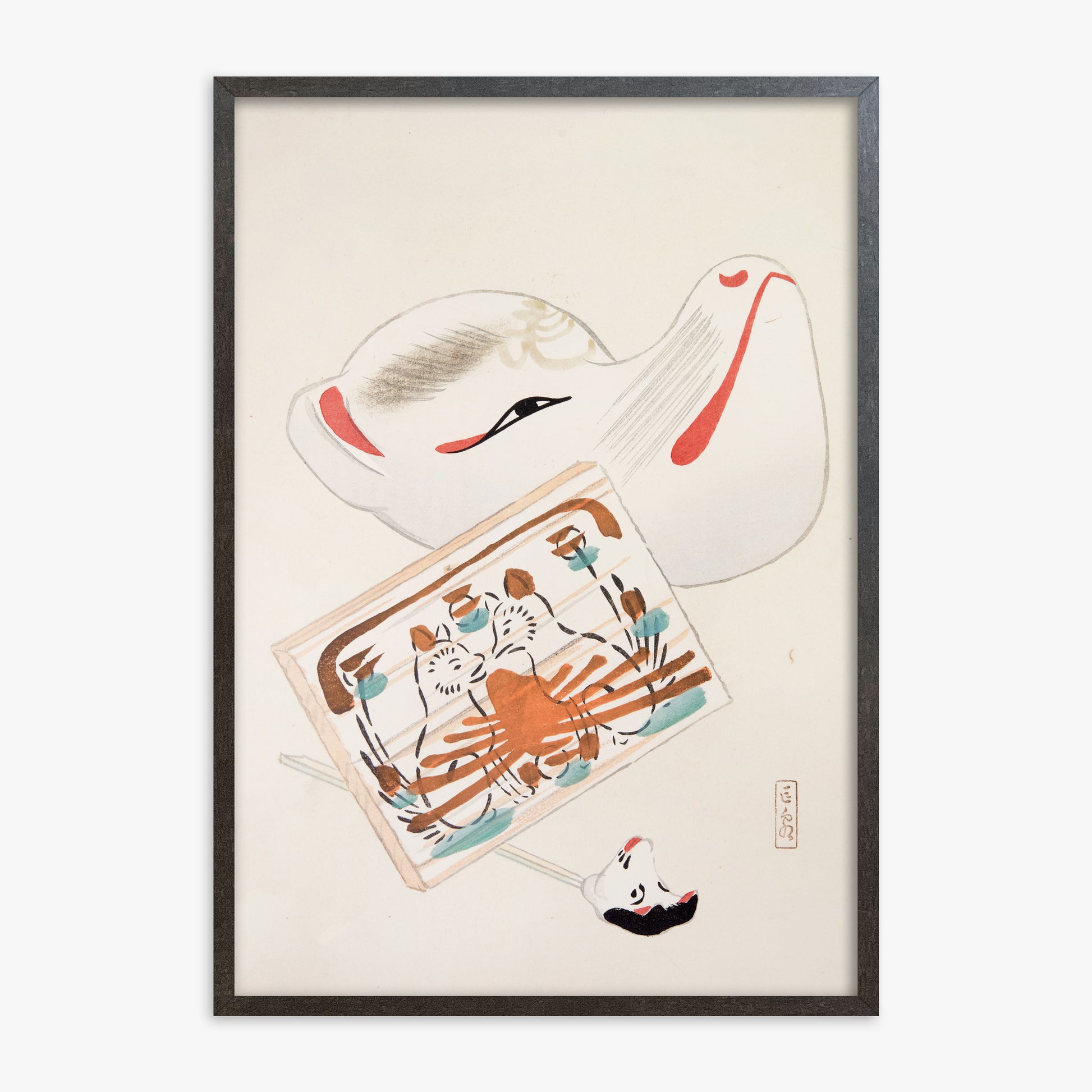 Kawasaki Kyosen: Kyosen’s Collected Illustrations of Japanese Toys Nr. 59 ("Serene Eastern Tranquility"), 70x100cm Framed Art Reproduction With Espresso Frame