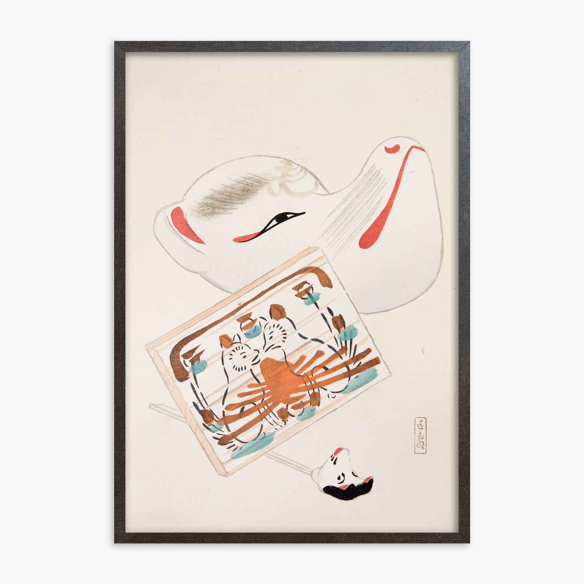 Kawasaki Kyosen: Kyosen’s Collected Illustrations of Japanese Toys Nr. 59 ("Serene Eastern Tranquility"), 70x100cm Framed Art Reproduction With Espresso Frame