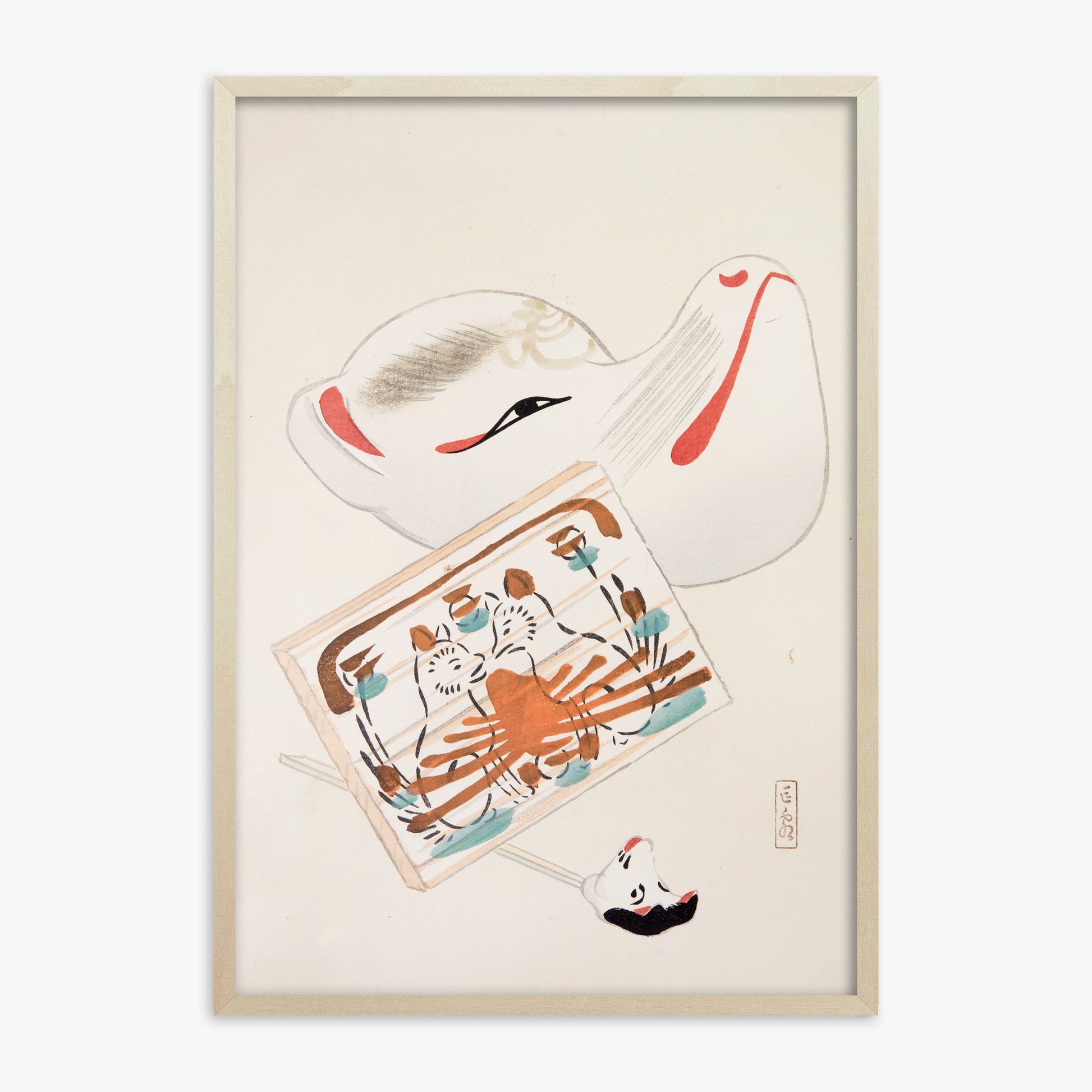 Kawasaki Kyosen: Kyosen’s Collected Illustrations of Japanese Toys Nr. 59 ("Serene Eastern Tranquility"), 70x100cm Framed Art Reproduction With Lime Wood Frame