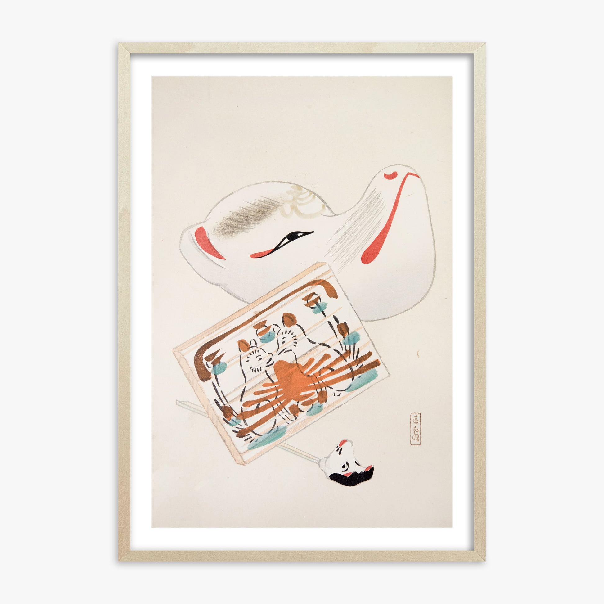 Kawasaki Kyosen: Kyosen’s Collected Illustrations of Japanese Toys Nr. 59 ("Serene Eastern Tranquility"), 70x100cm Framed Art Reproduction With Lime Wood Frame