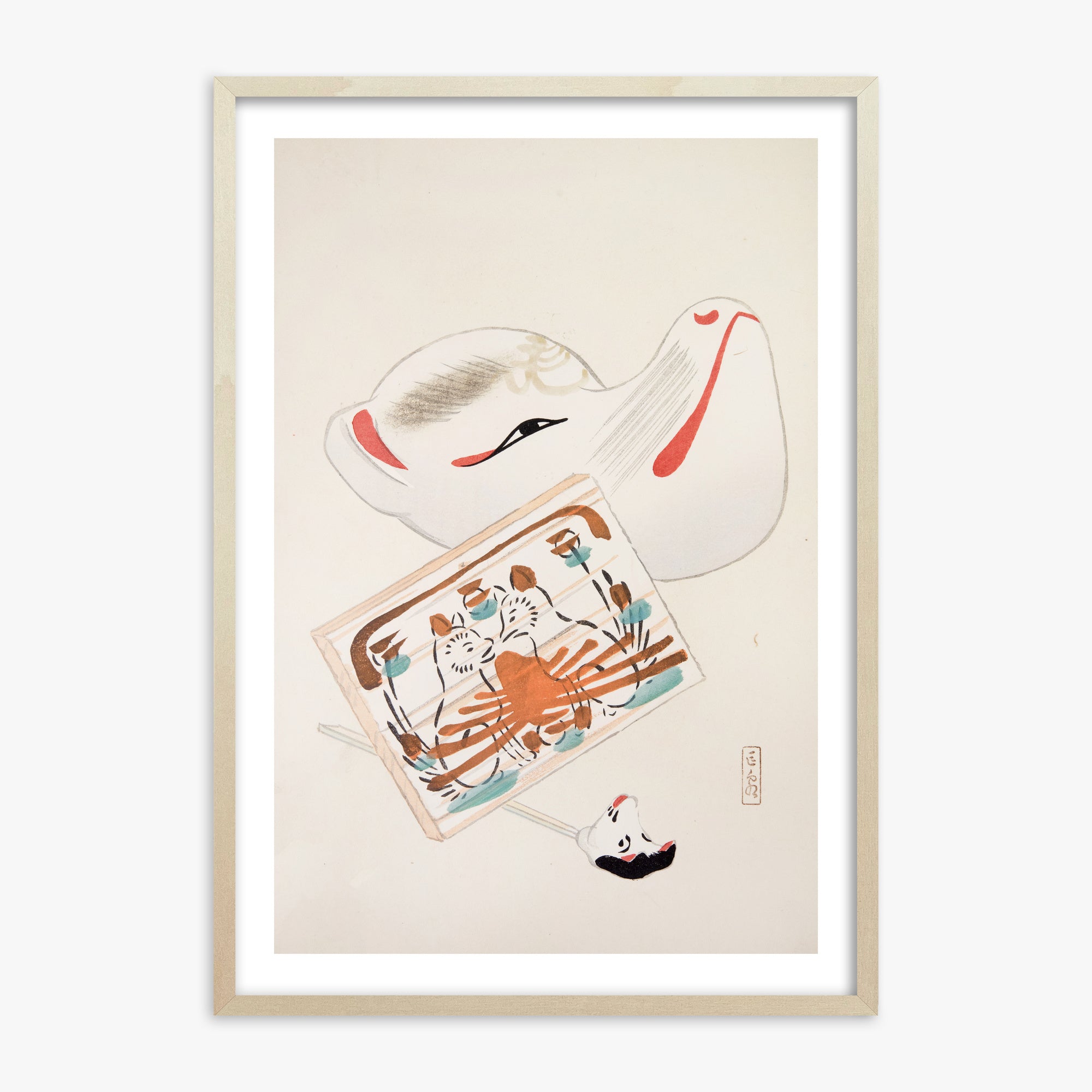 Kawasaki Kyosen: Kyosen’s Collected Illustrations of Japanese Toys Nr. 59 ("Serene Eastern Tranquility"), 70x100cm Framed Art Reproduction With Lime Wood Frame