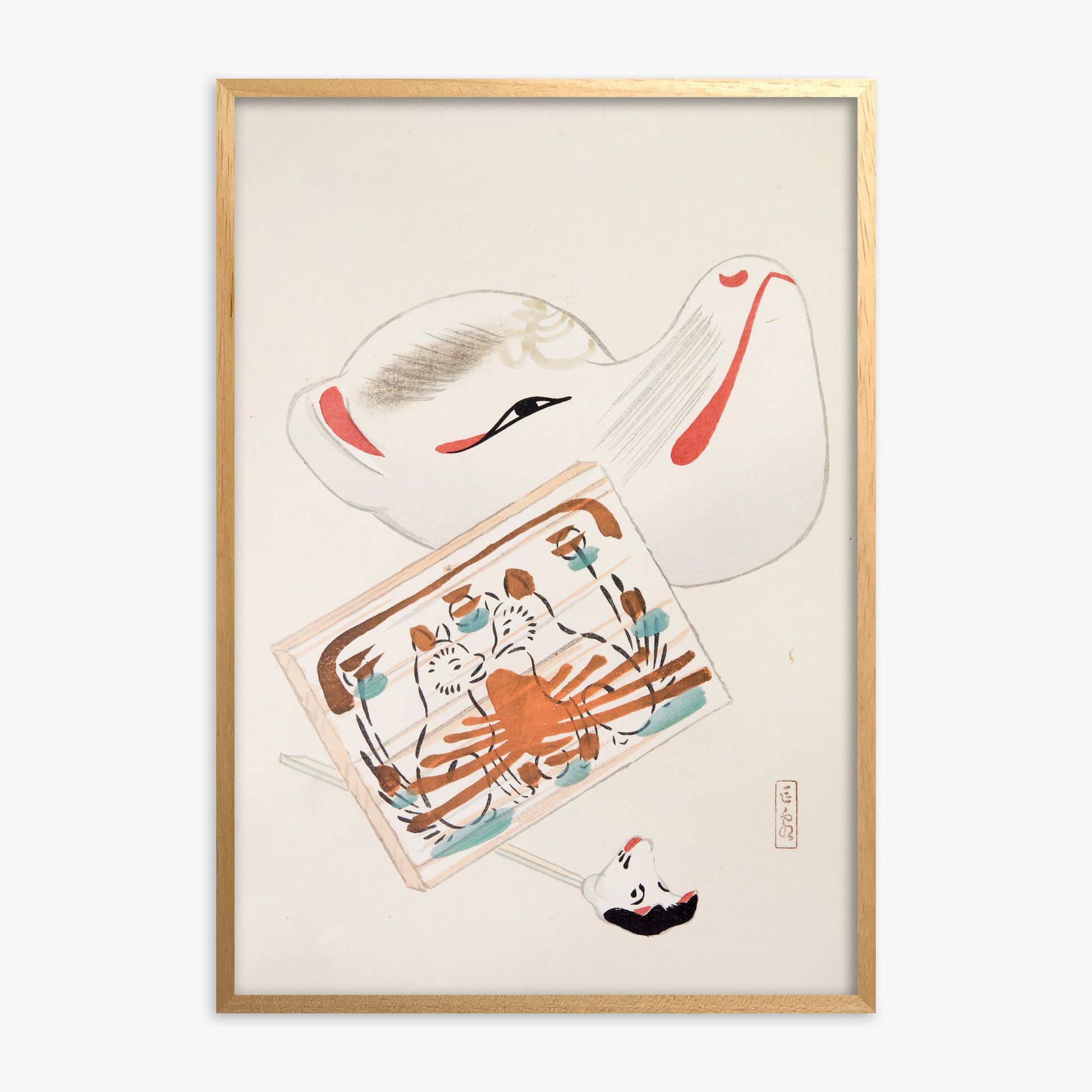 Kawasaki Kyosen: Kyosen’s Collected Illustrations of Japanese Toys Nr. 59 ("Serene Eastern Tranquility"), Oak Framed Art Reproduction With Oak Frame
