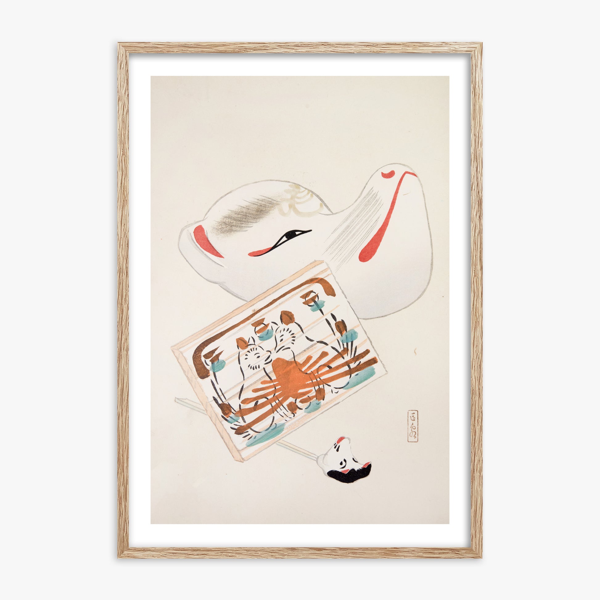 Kawasaki Kyosen: Kyosen’s Collected Illustrations of Japanese Toys Nr. 59 ("Serene Eastern Tranquility"), 70x100cm Framed Art Reproduction With Raw Oak Frame