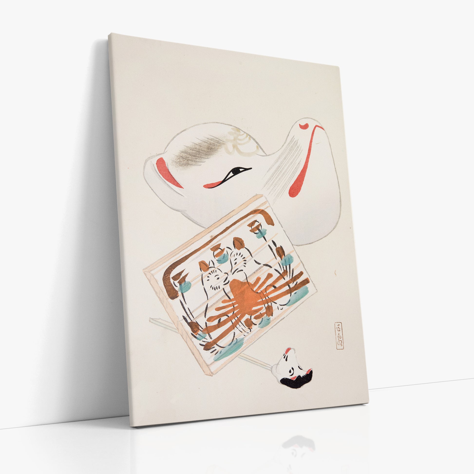 Kawasaki Kyosen: Kyosen’s Collected Illustrations of Japanese Toys Nr. 59 ("Serene Eastern Tranquility"), 70x100cm Satin Canvas Art Reproduction Left Angle