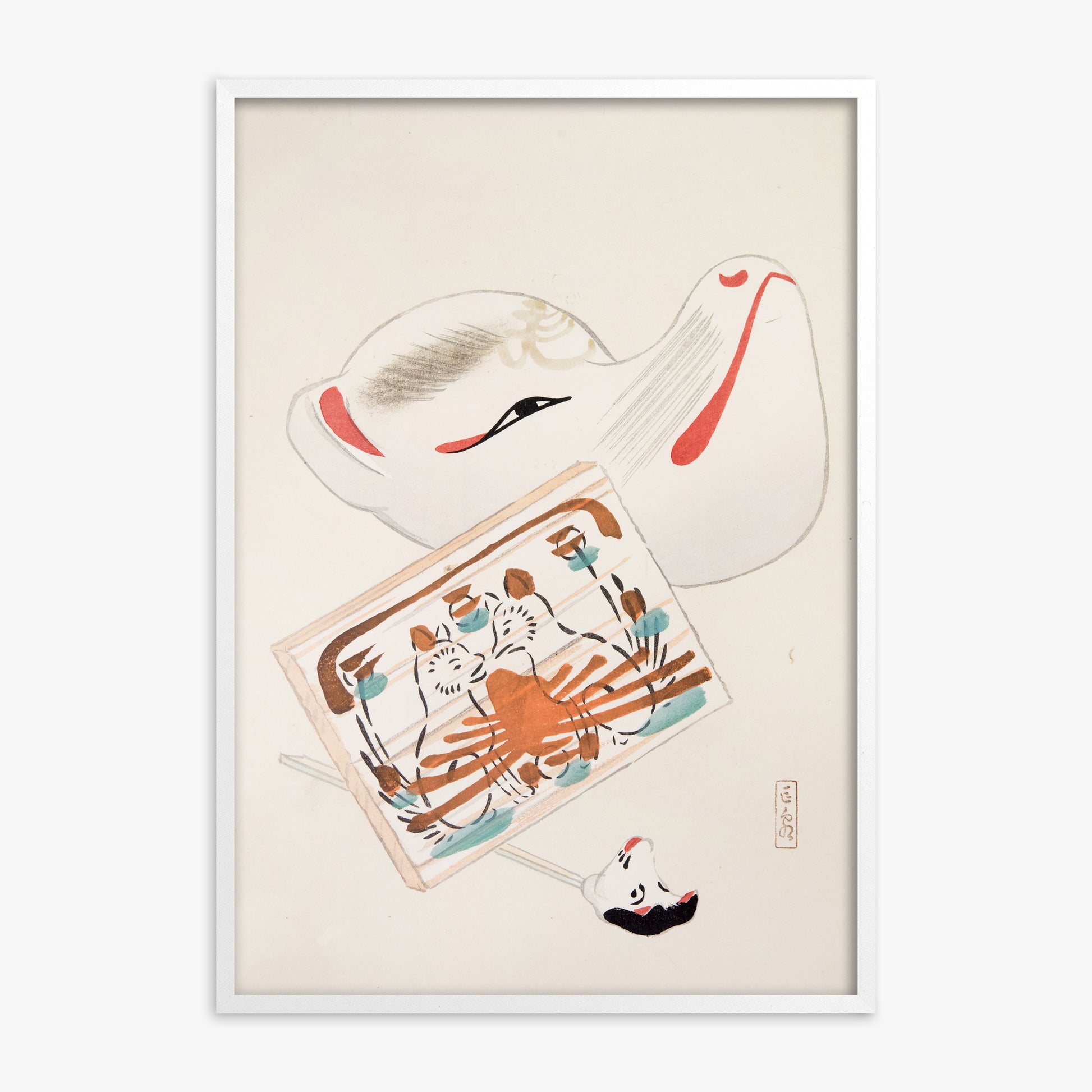 Kawasaki Kyosen: Kyosen’s Collected Illustrations of Japanese Toys Nr. 59 ("Serene Eastern Tranquility"), White Framed Art Reproduction With White Frame