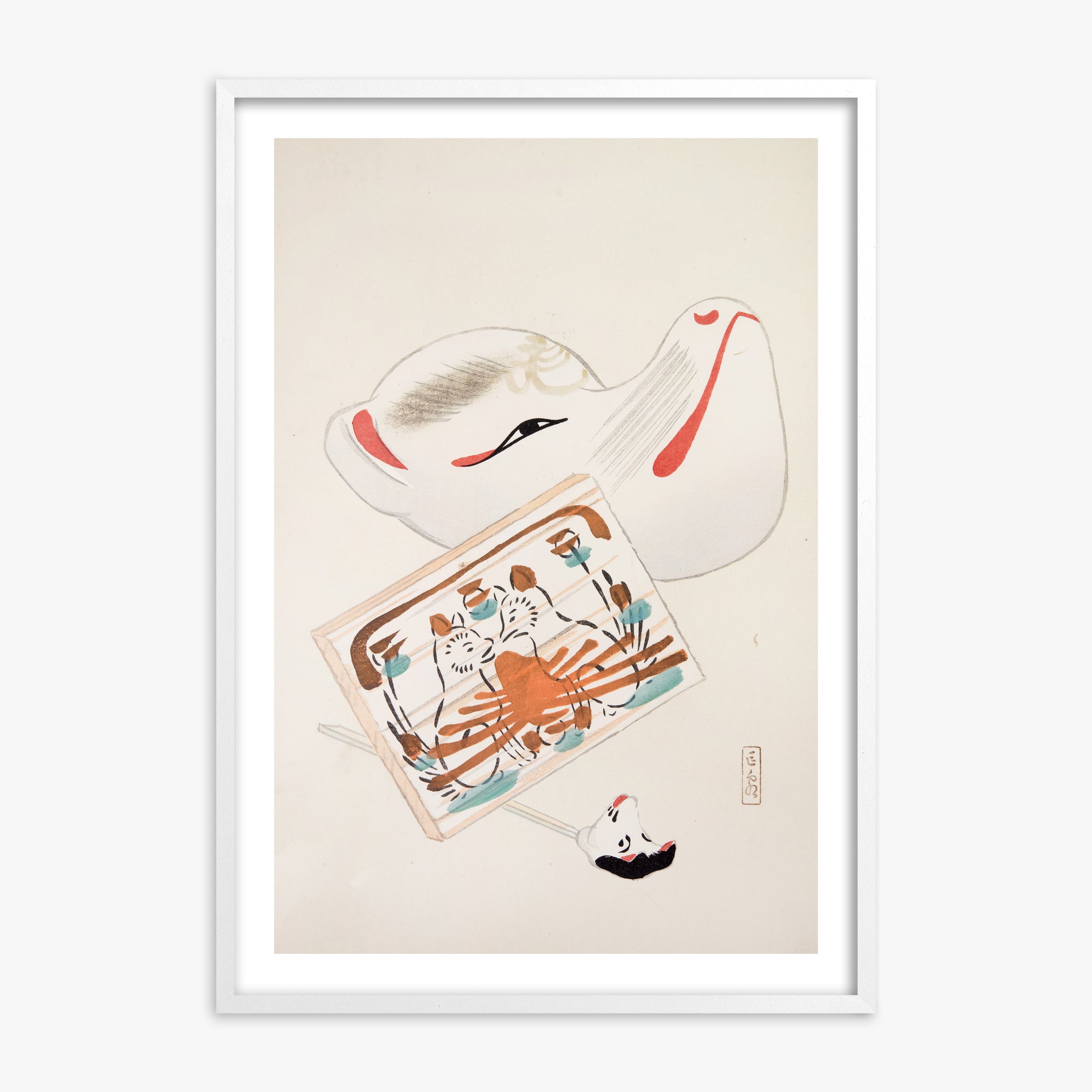 Kawasaki Kyosen: Kyosen’s Collected Illustrations of Japanese Toys Nr. 59 ("Serene Eastern Tranquility"), White Framed Art Reproduction With White Frame