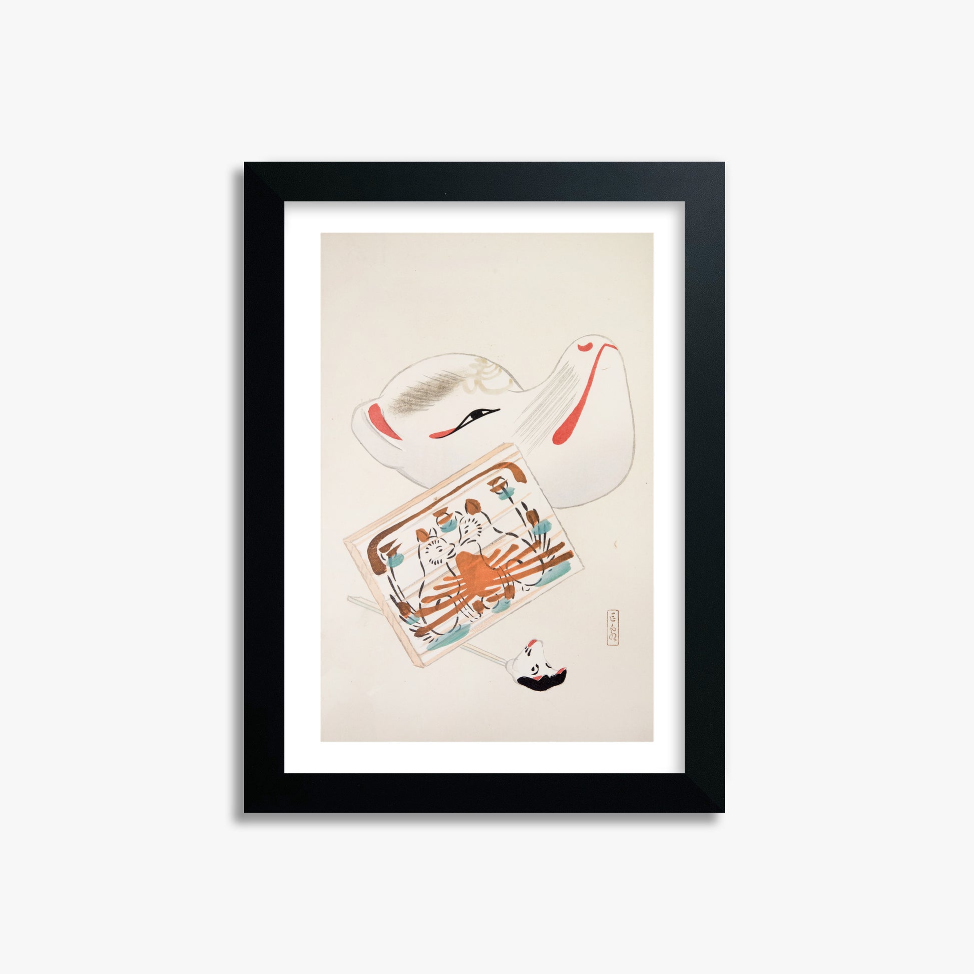 Kawasaki Kyosen: Kyosen’s Collected Illustrations of Japanese Toys Nr. 59 ("Serene Eastern Tranquility"), 21x30cm Black Framed Art Reproduction