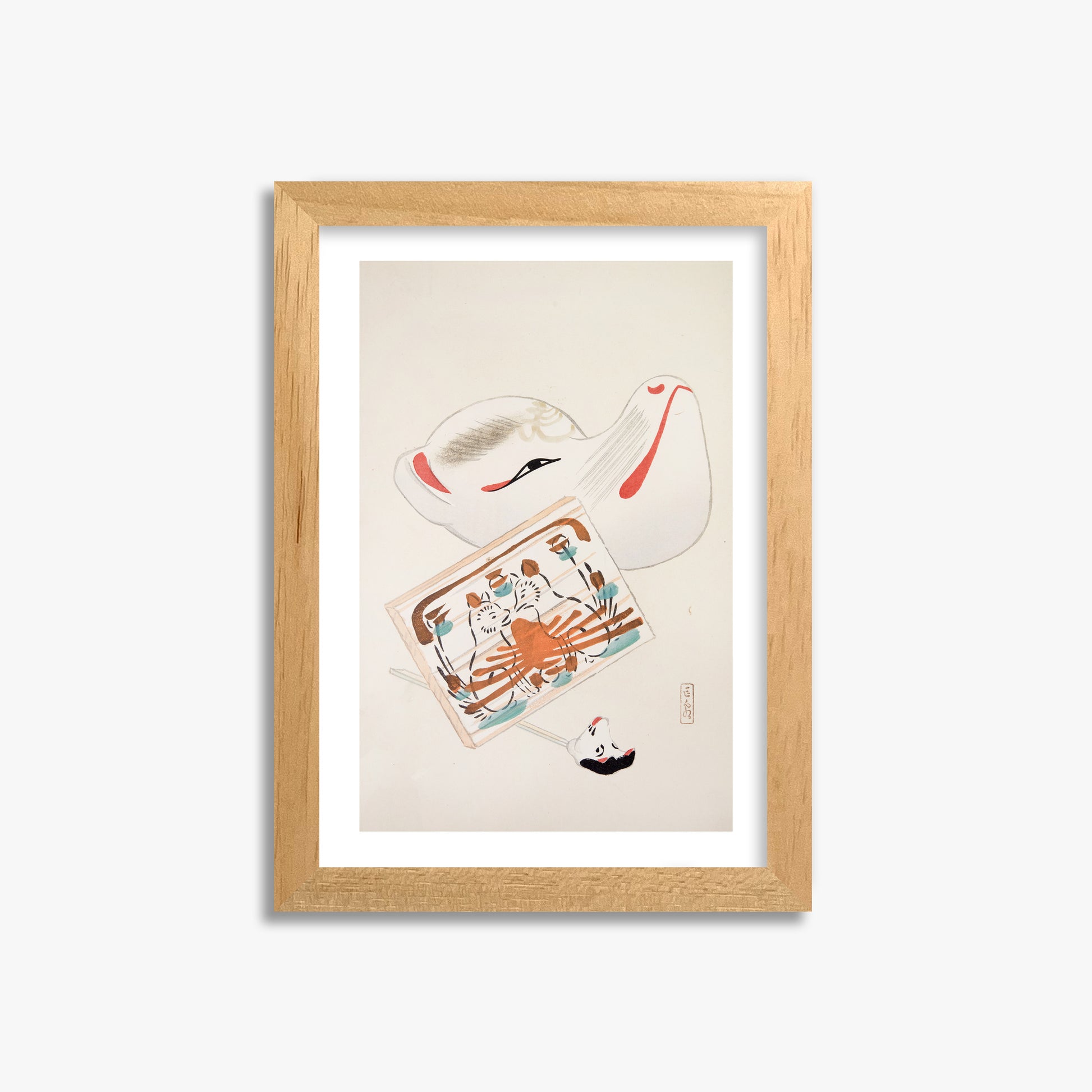 Kawasaki Kyosen: Kyosen’s Collected Illustrations of Japanese Toys Nr. 59 ("Serene Eastern Tranquility"), 21x30cm Oak Framed Art Reproduction