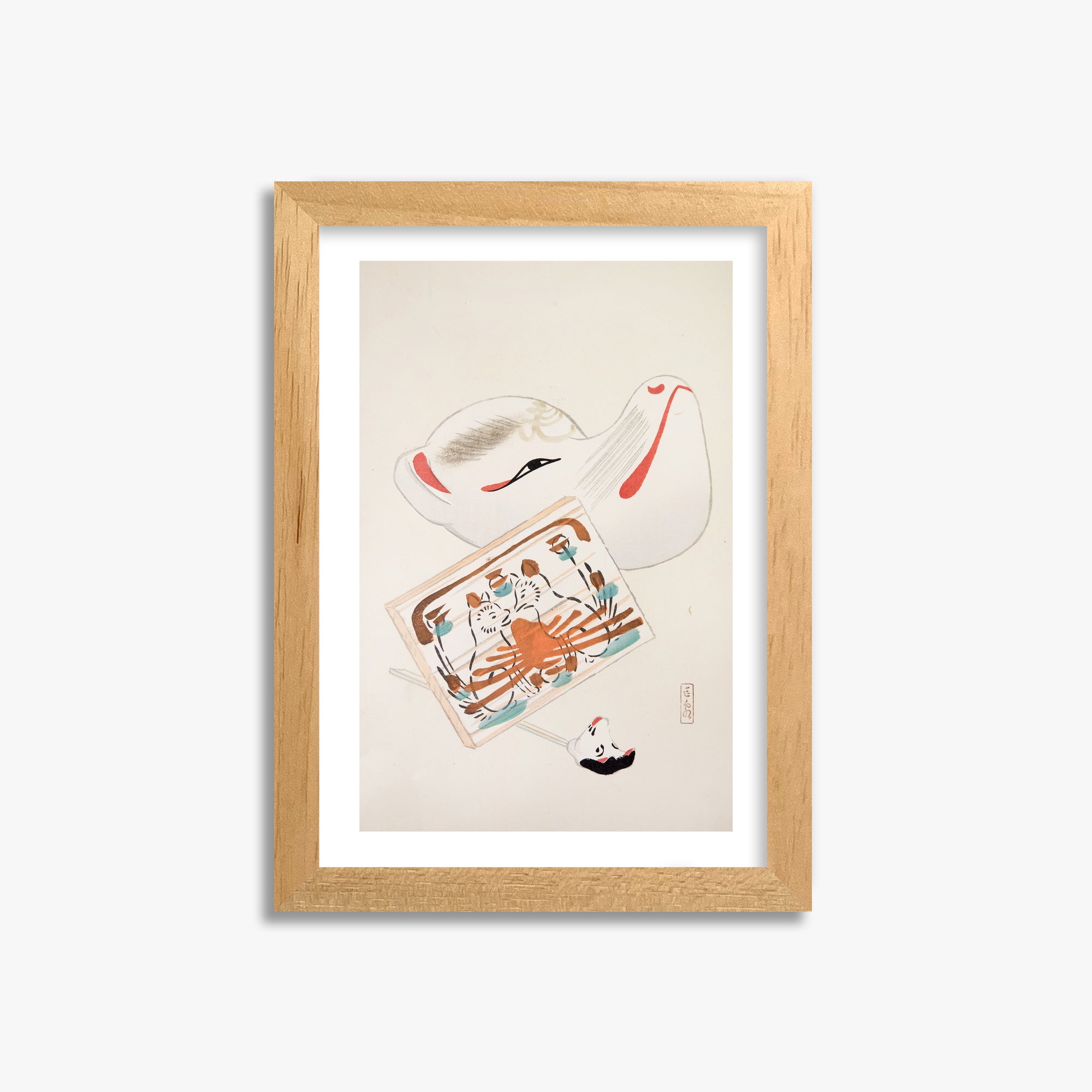 Kawasaki Kyosen: Kyosen’s Collected Illustrations of Japanese Toys Nr. 59 ("Serene Eastern Tranquility"), 21x30cm Oak Framed Art Reproduction