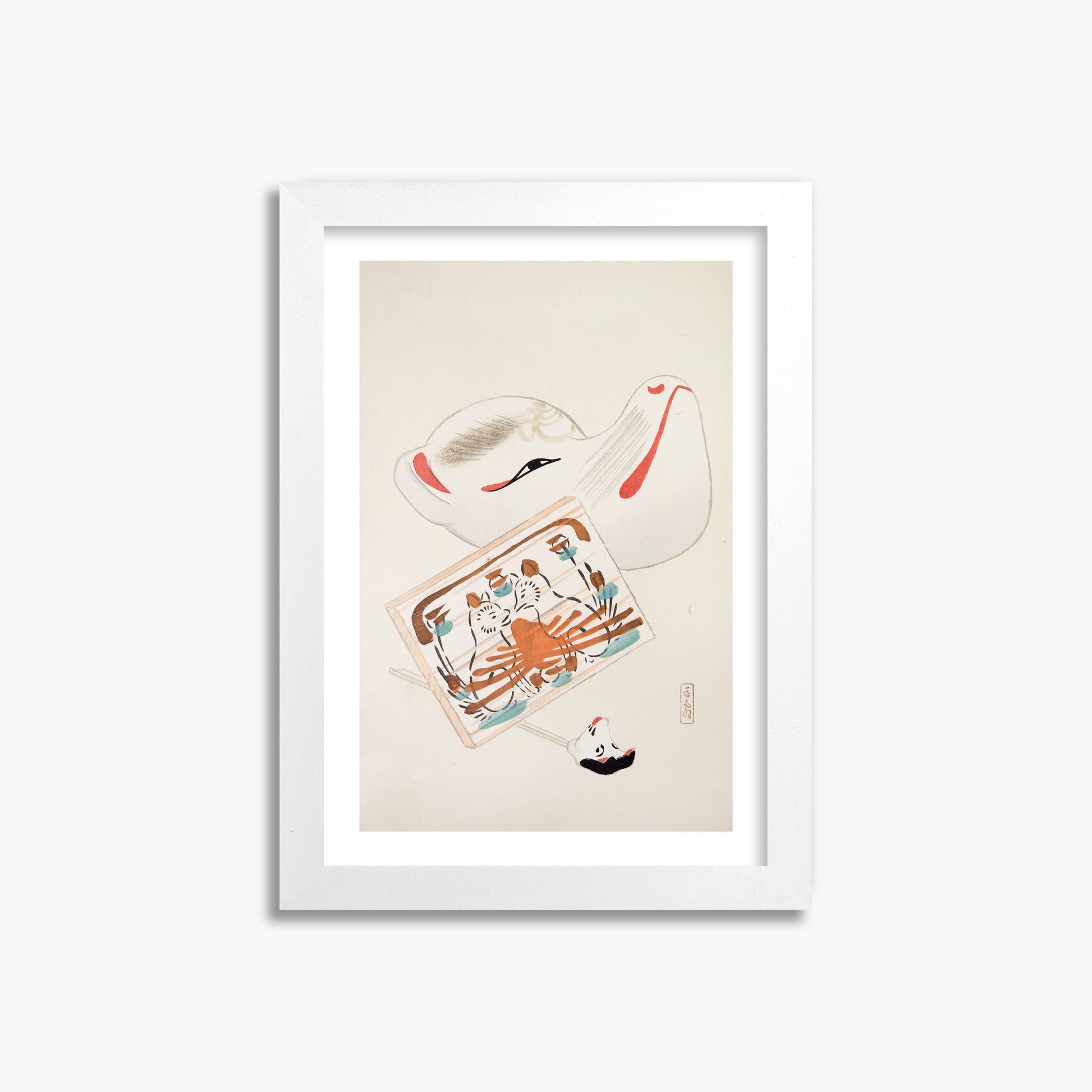 Kawasaki Kyosen: Kyosen’s Collected Illustrations of Japanese Toys Nr. 59 ("Serene Eastern Tranquility"), 21x30cm Whitek Framed Art Reproduction