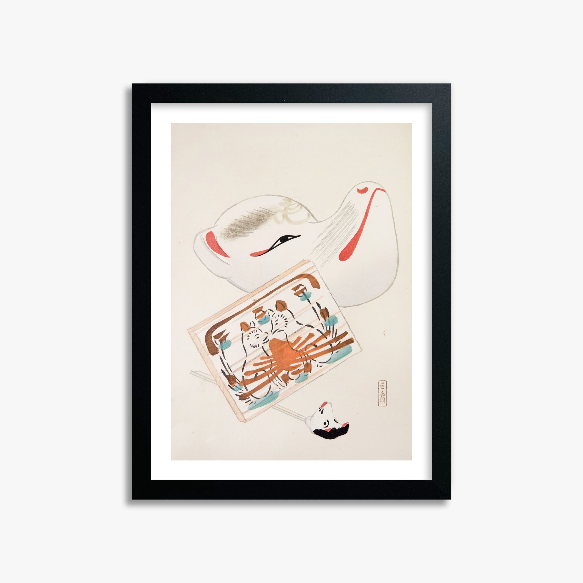 Kawasaki Kyosen: Kyosen’s Collected Illustrations of Japanese Toys Nr. 59 ("Serene Eastern Tranquility"), 30x40cm Black Framed Art Reproduction