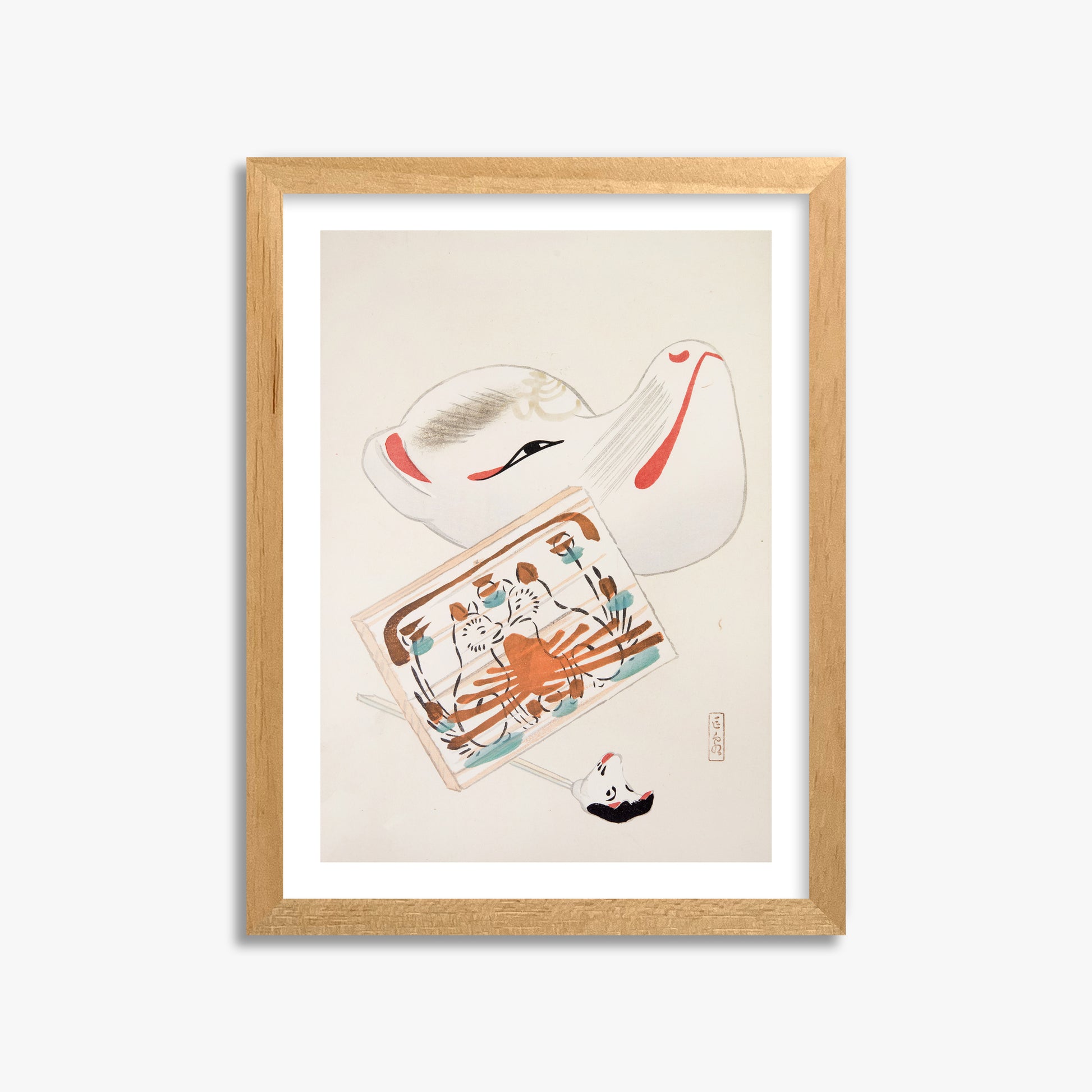Kawasaki Kyosen: Kyosen’s Collected Illustrations of Japanese Toys Nr. 59 ("Serene Eastern Tranquility"), 30x40cm Oak Framed Art Reproduction