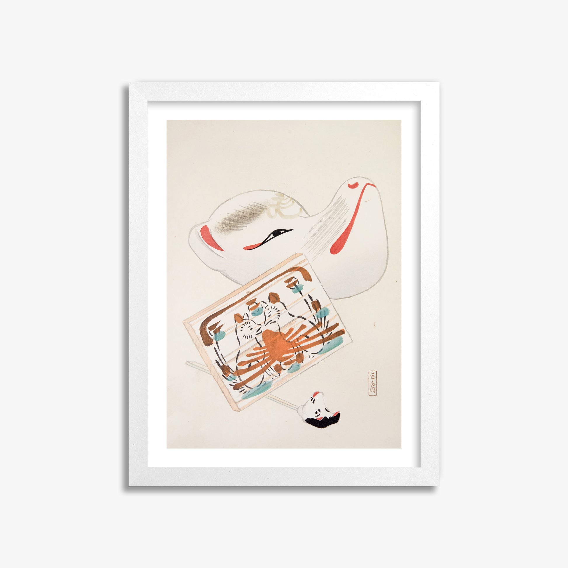 Kawasaki Kyosen: Kyosen’s Collected Illustrations of Japanese Toys Nr. 59 ("Serene Eastern Tranquility"), 30x40cm Whitek Framed Art Reproduction