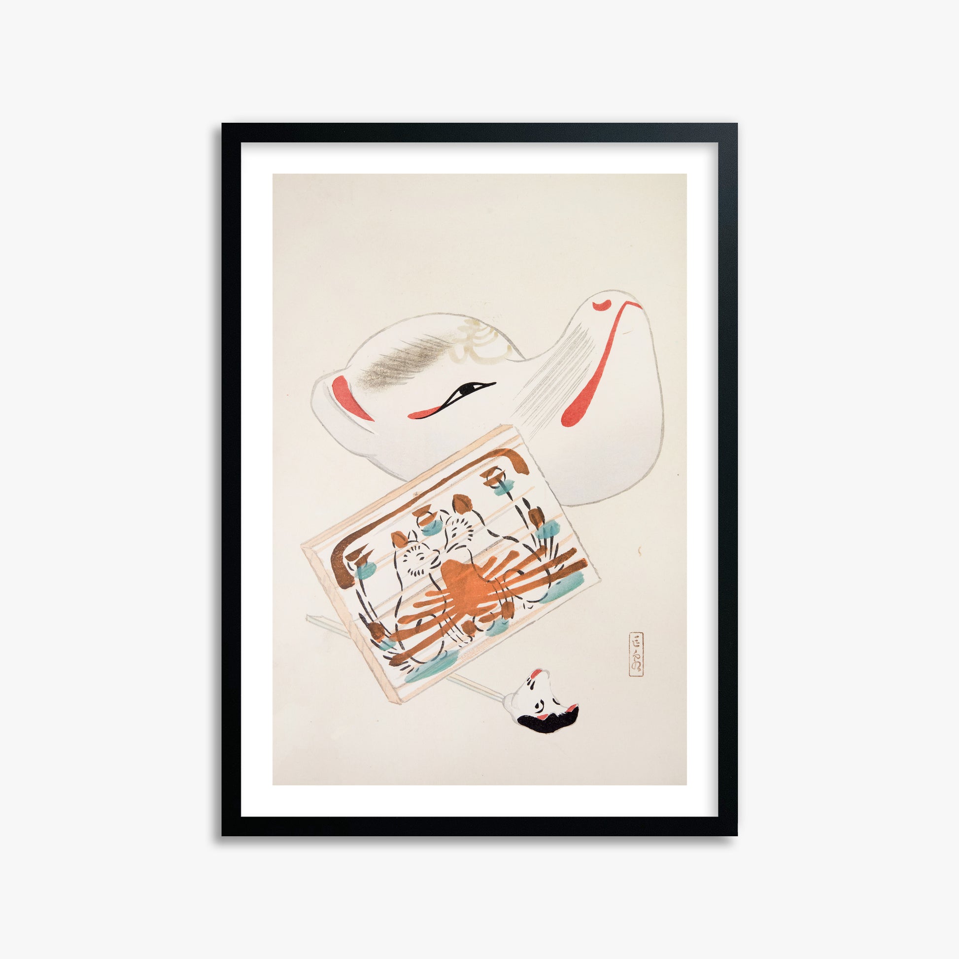 Kawasaki Kyosen: Kyosen’s Collected Illustrations of Japanese Toys Nr. 59 ("Serene Eastern Tranquility"), 50x70cm Black Framed Art Reproduction