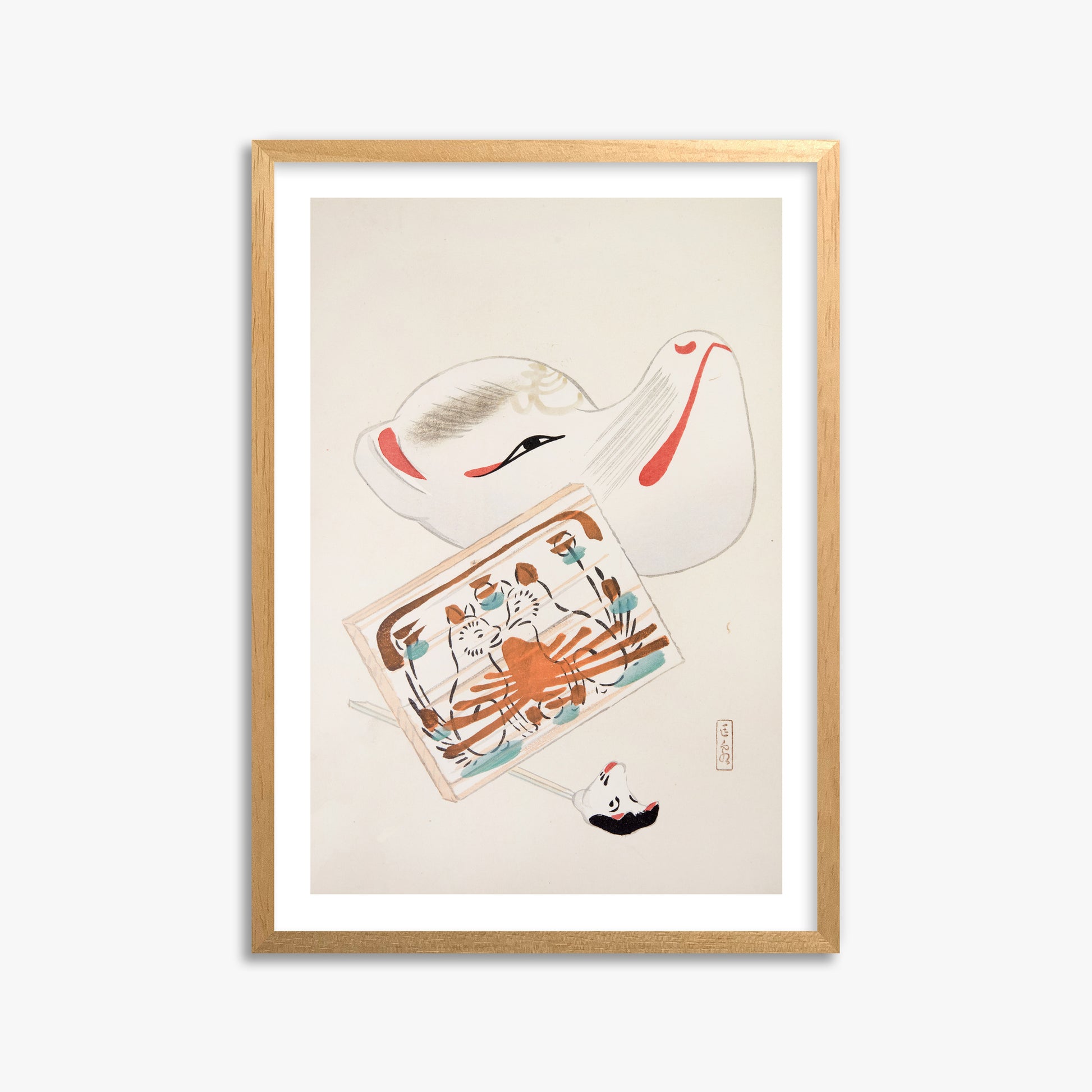Kawasaki Kyosen: Kyosen’s Collected Illustrations of Japanese Toys Nr. 59 ("Serene Eastern Tranquility"), 50x70cm Oak Framed Art Reproduction