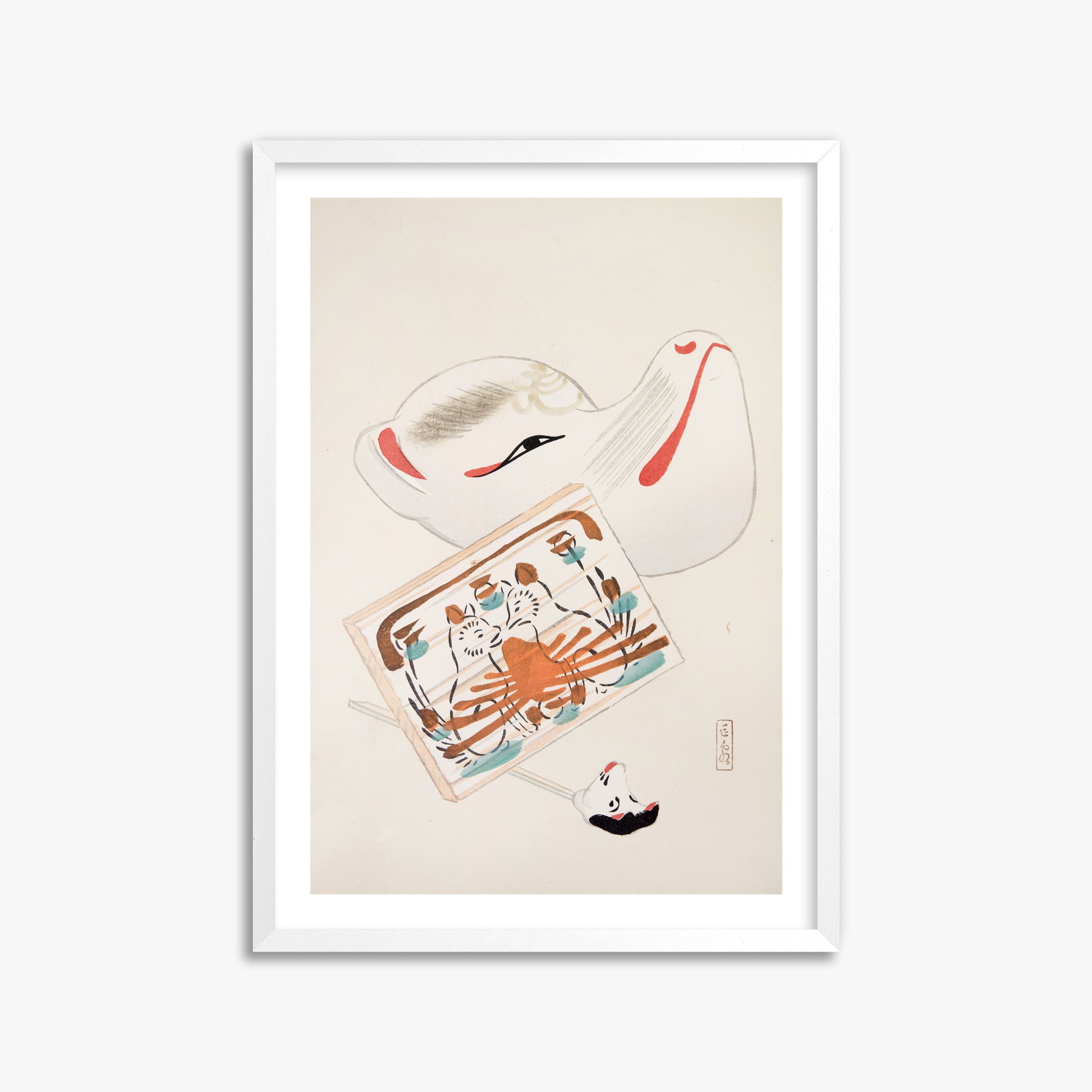 Kawasaki Kyosen: Kyosen’s Collected Illustrations of Japanese Toys Nr. 59 ("Serene Eastern Tranquility"), 50x70cm Whitek Framed Art Reproduction
