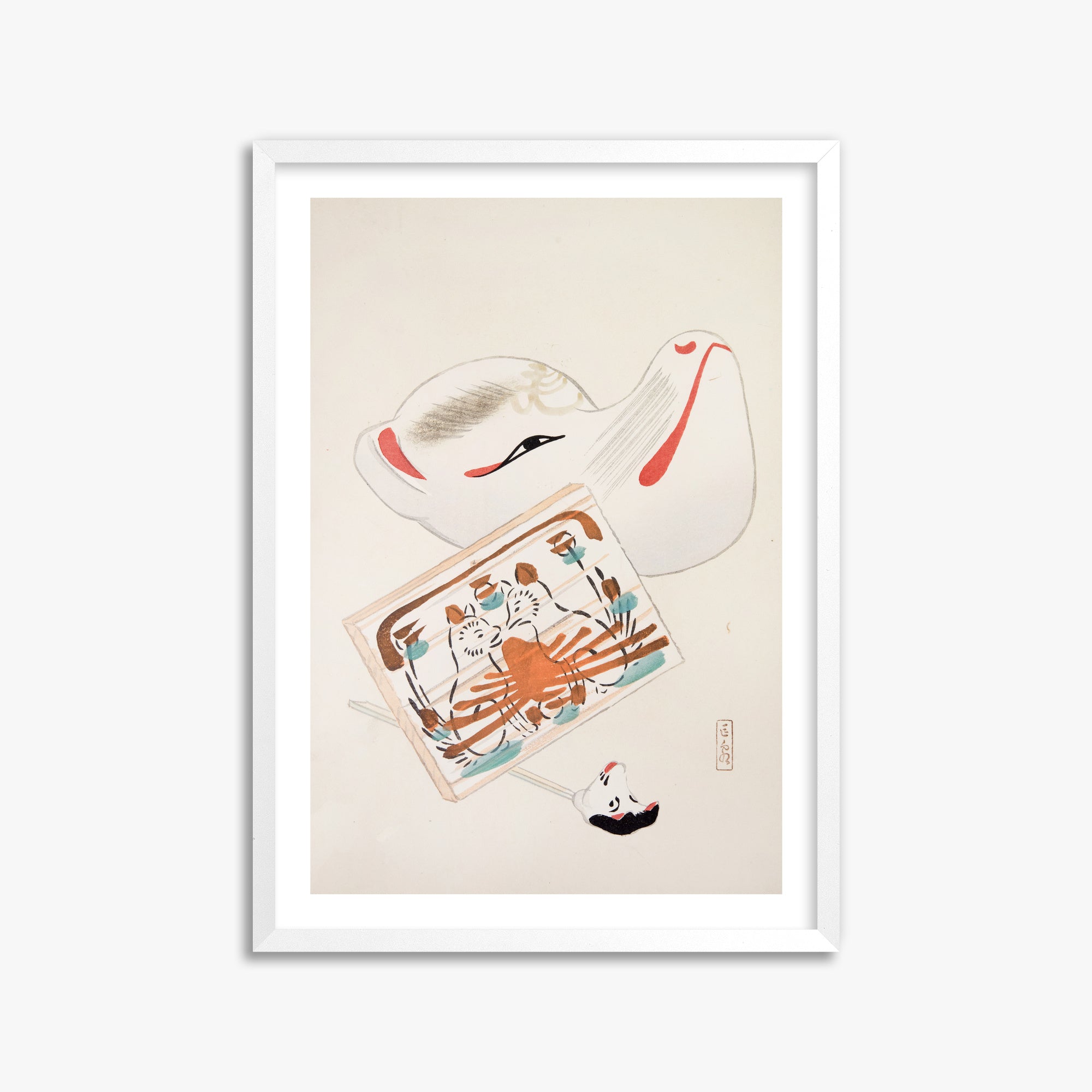 Kawasaki Kyosen: Kyosen’s Collected Illustrations of Japanese Toys Nr. 59 ("Serene Eastern Tranquility"), 50x70cm Whitek Framed Art Reproduction