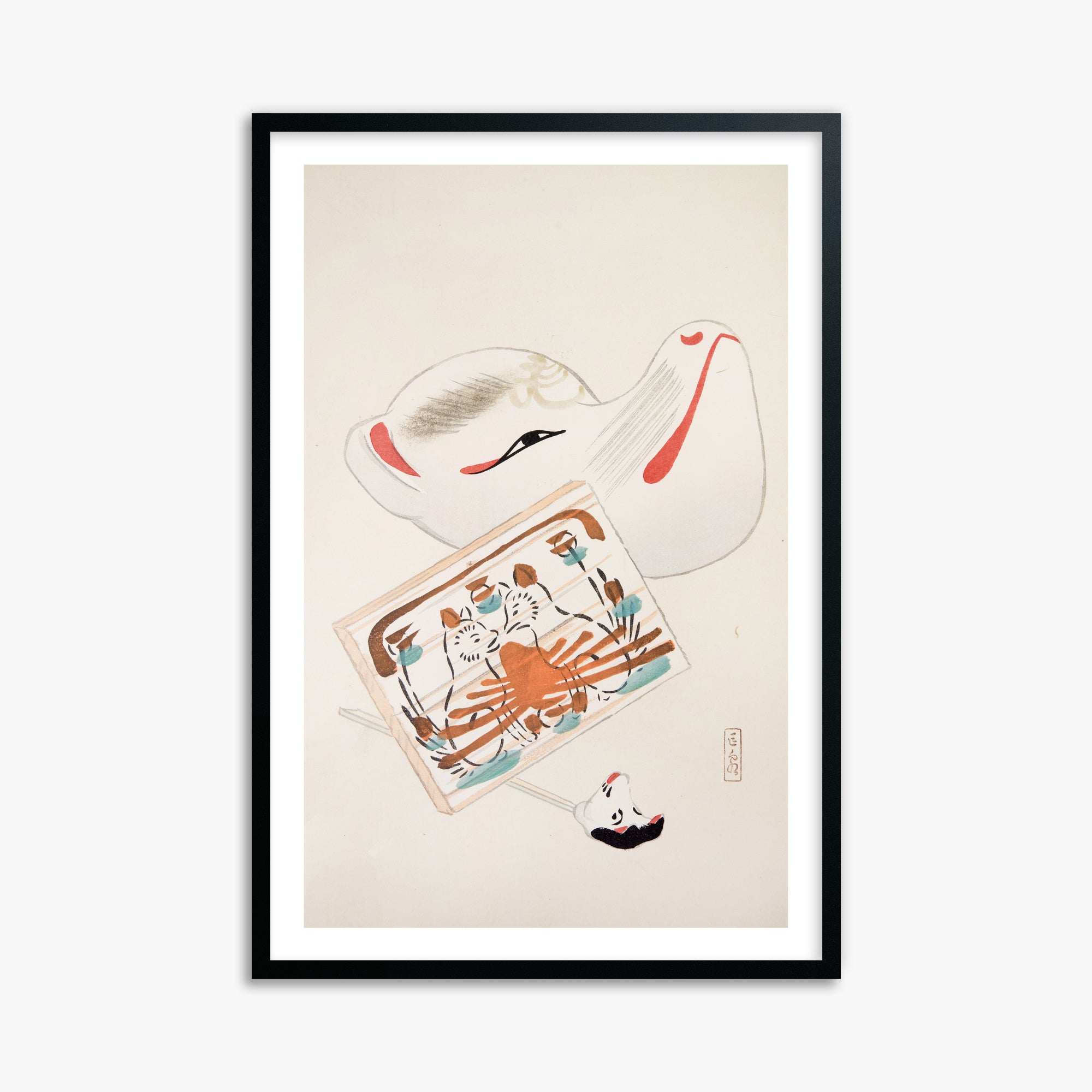 Kawasaki Kyosen: Kyosen’s Collected Illustrations of Japanese Toys Nr. 59 ("Serene Eastern Tranquility"), 61x91cm Black Framed Art Reproduction