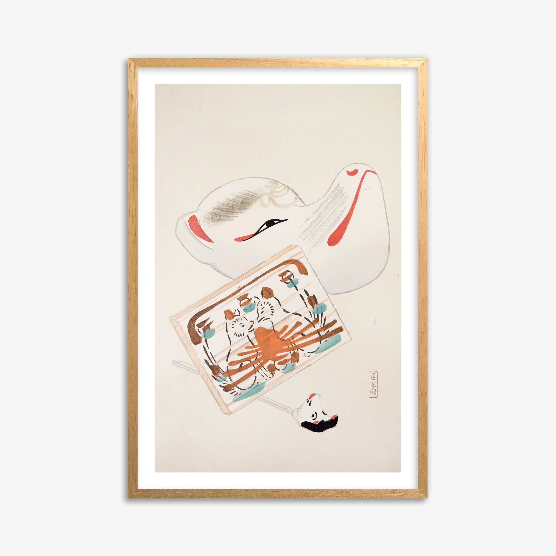 Kawasaki Kyosen: Kyosen’s Collected Illustrations of Japanese Toys Nr. 59 ("Serene Eastern Tranquility"), 61x91cm Oak Framed Art Reproduction