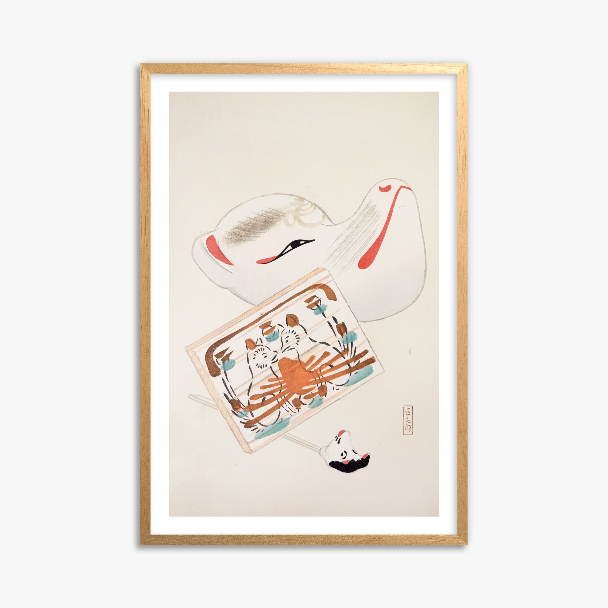 Kawasaki Kyosen: Kyosen’s Collected Illustrations of Japanese Toys Nr. 59 ("Serene Eastern Tranquility"), 61x91cm Oak Framed Art Reproduction