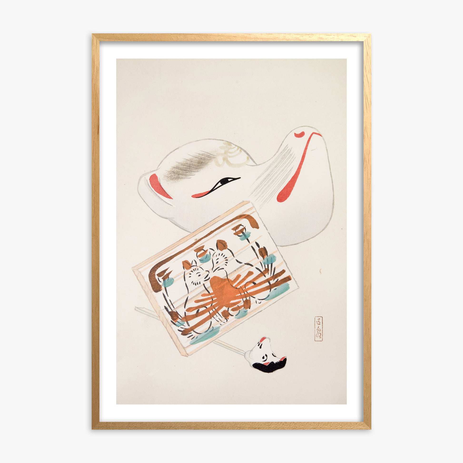 Kawasaki Kyosen: Kyosen’s Collected Illustrations of Japanese Toys Nr. 59 ("Serene Eastern Tranquility"), 70x100cm Oak Framed Art Reproduction