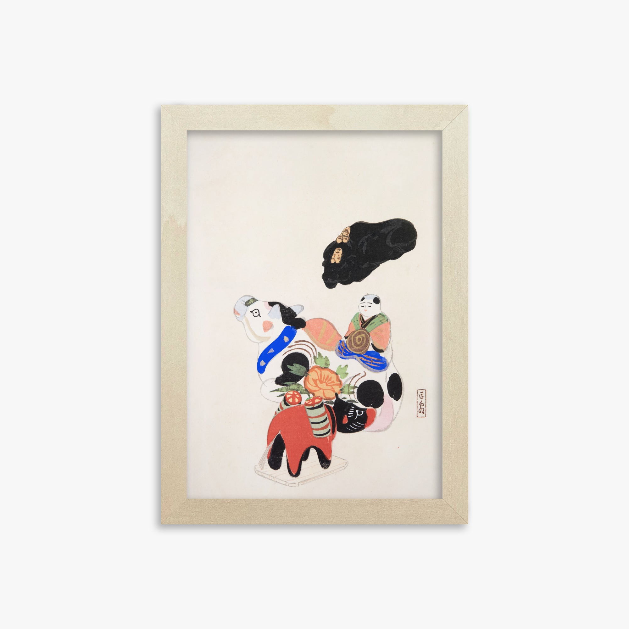 Kawasaki Kyosen: Kyosen’s Collected Illustrations of Japanese Toys Nr. 60 ("Eastern Charm: Folk Treasures"), 21x30cm Framed Art Reproduction With Lime Wood Frame