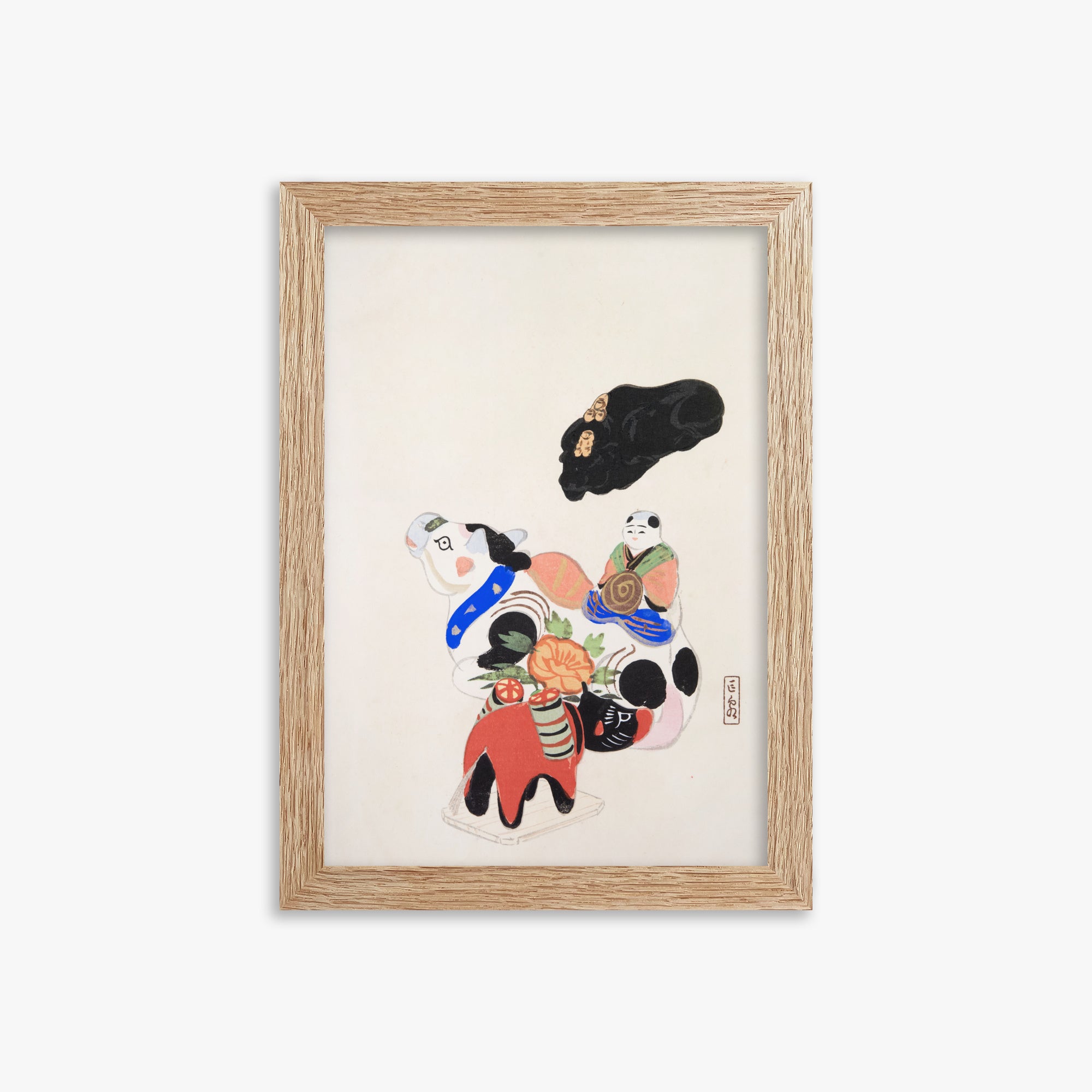 Kawasaki Kyosen: Kyosen’s Collected Illustrations of Japanese Toys Nr. 60 ("Eastern Charm: Folk Treasures"), 21x30cm Framed Art Reproduction With Raw Oak Frame