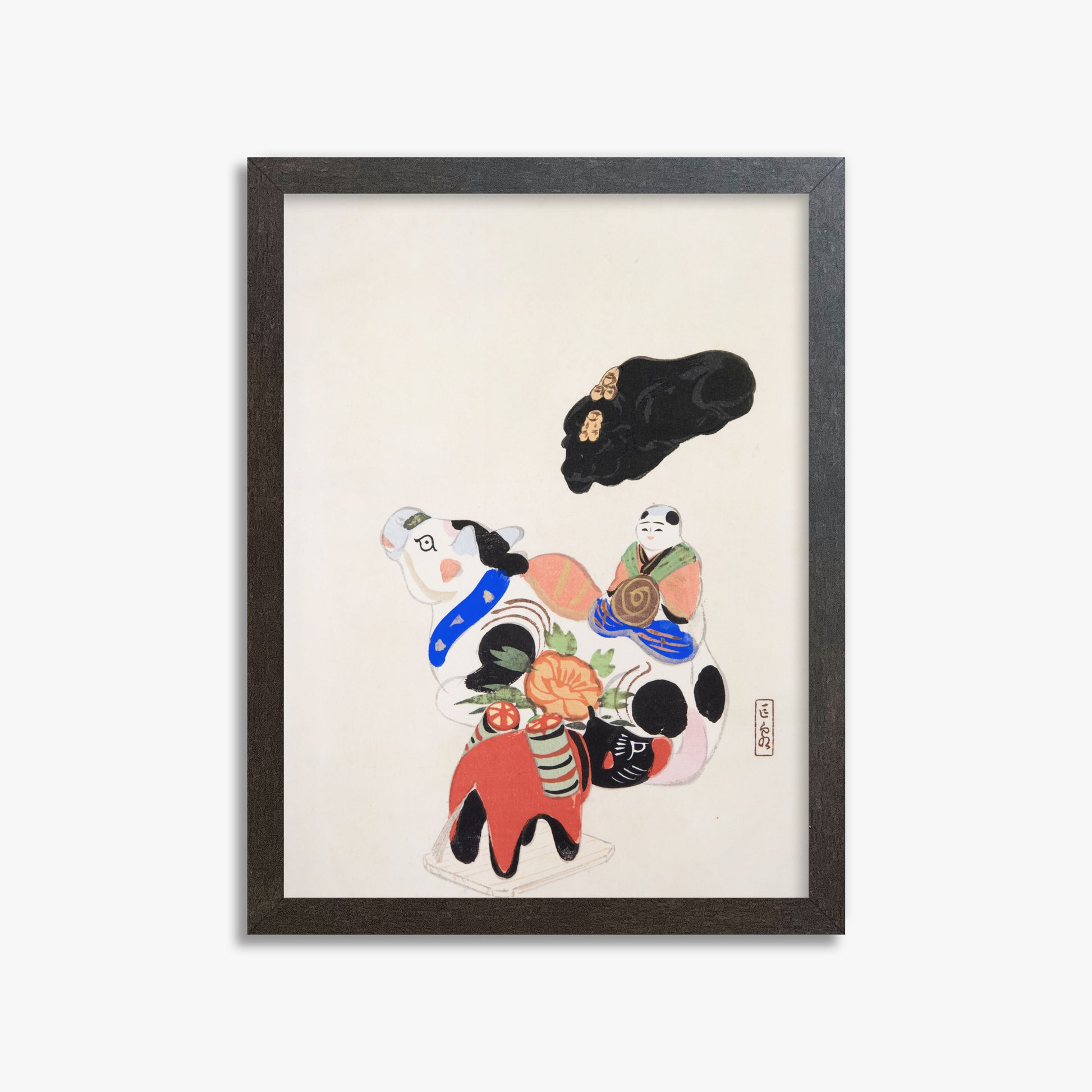 Kawasaki Kyosen: Kyosen’s Collected Illustrations of Japanese Toys Nr. 60 ("Eastern Charm: Folk Treasures"), 30x40cm Framed Art Reproduction With Espresso Frame