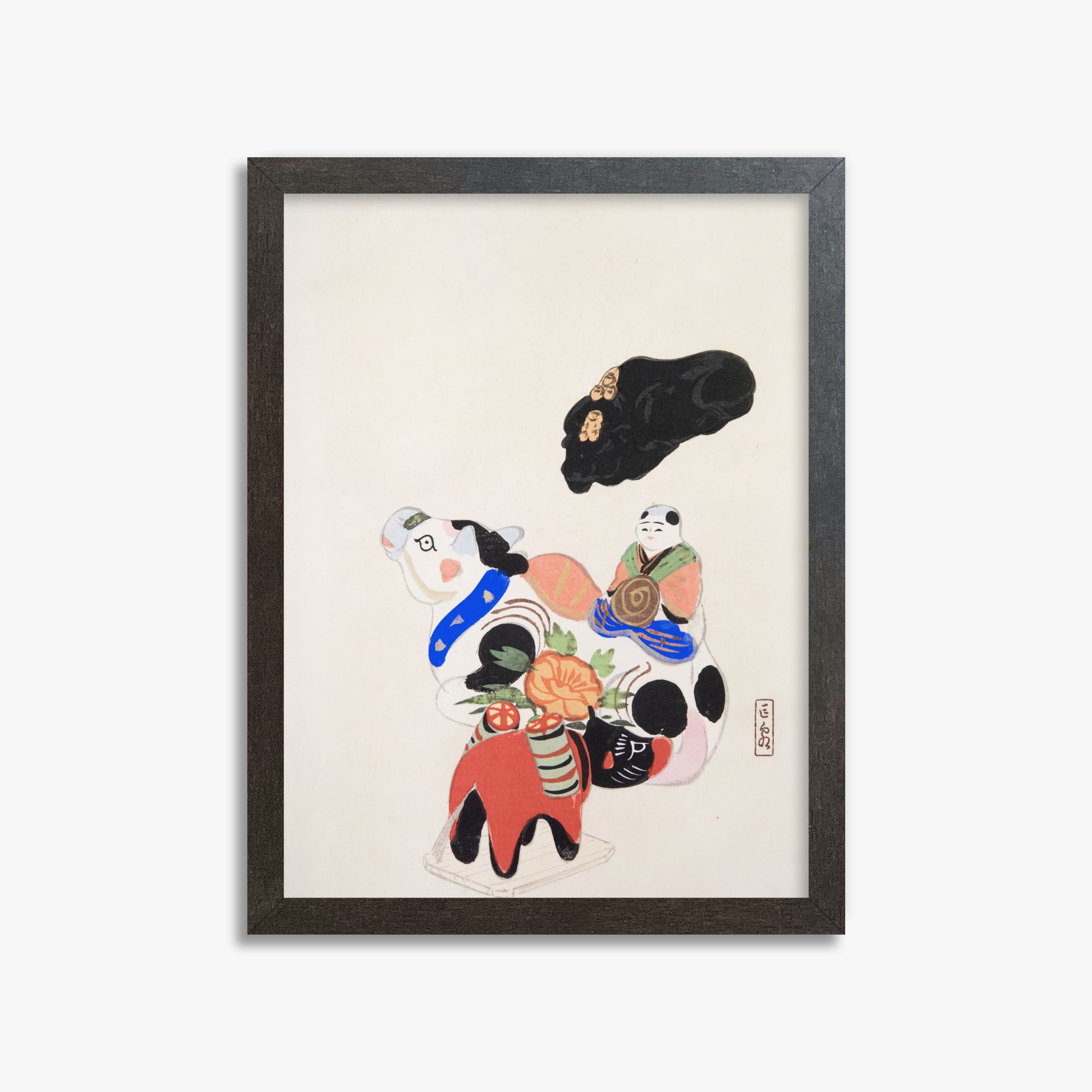 Kawasaki Kyosen: Kyosen’s Collected Illustrations of Japanese Toys Nr. 60 ("Eastern Charm: Folk Treasures"), 30x40cm Framed Art Reproduction With Espresso Frame