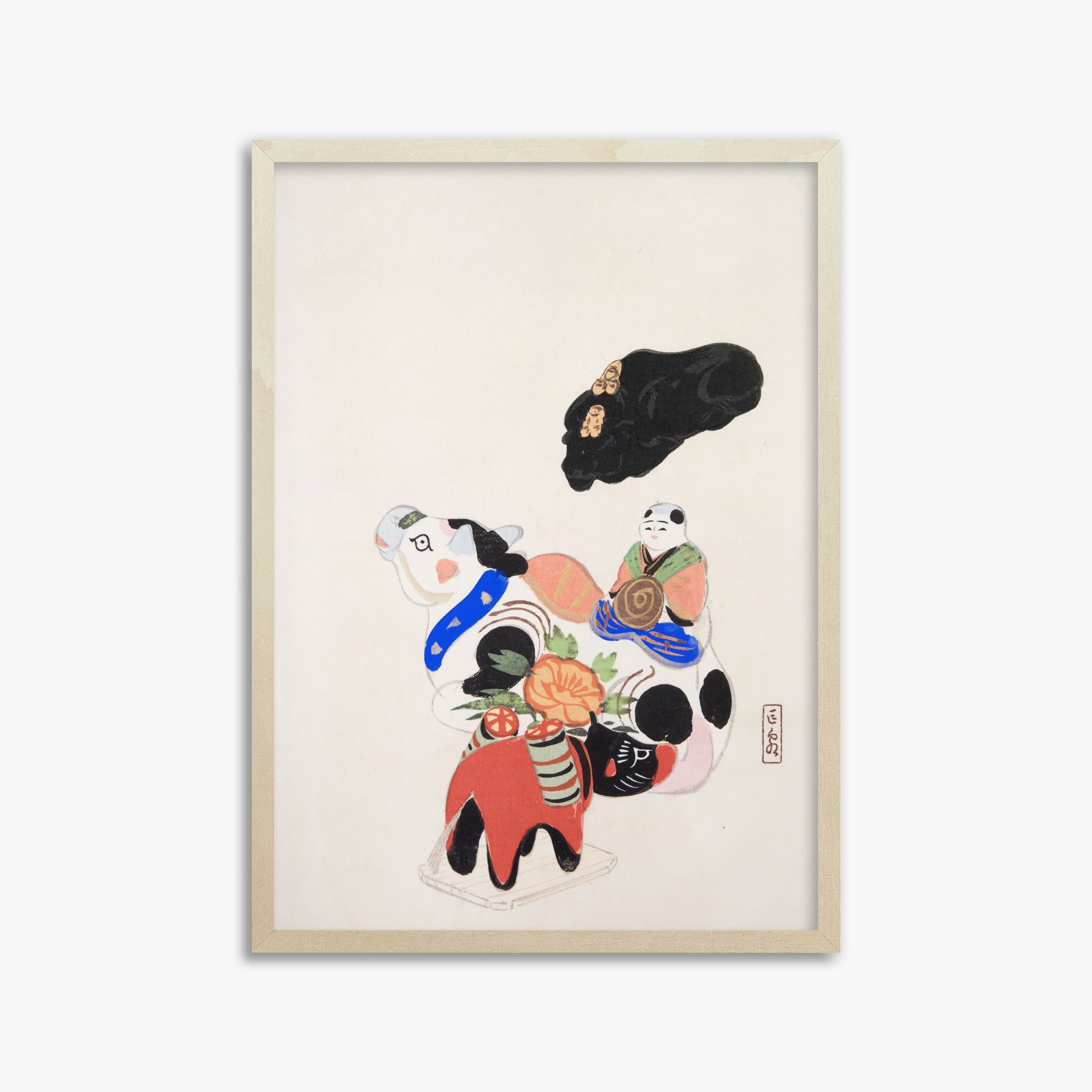 Kawasaki Kyosen: Kyosen’s Collected Illustrations of Japanese Toys Nr. 60 ("Eastern Charm: Folk Treasures"), 50x70cm Framed Art Reproduction With Lime Wood Frame