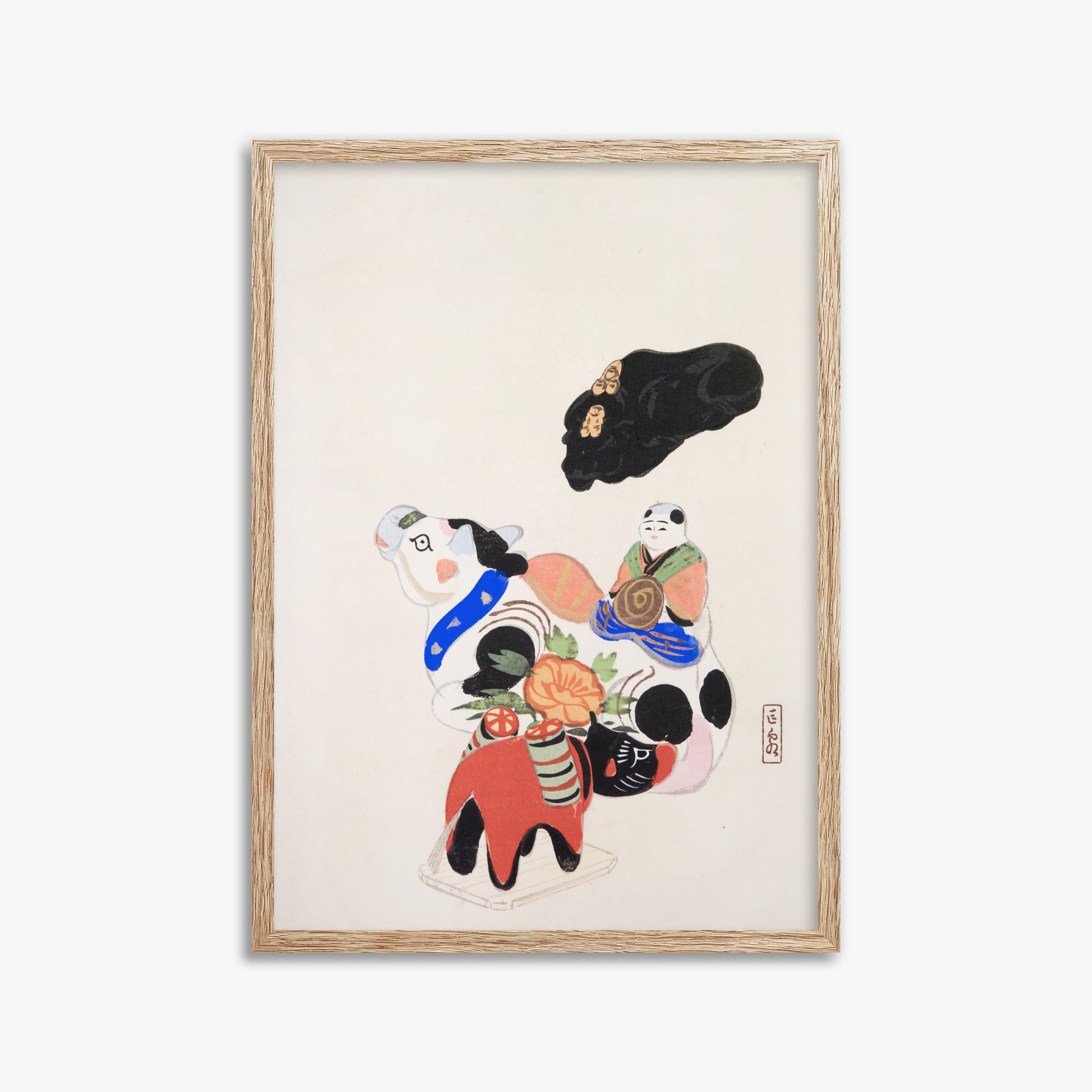 Kawasaki Kyosen: Kyosen’s Collected Illustrations of Japanese Toys Nr. 60 ("Eastern Charm: Folk Treasures"), 50x70cm Framed Art Reproduction With Raw Oak Frame