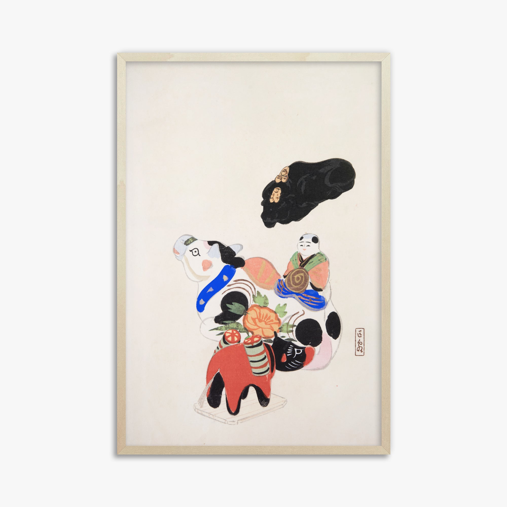 Kawasaki Kyosen: Kyosen’s Collected Illustrations of Japanese Toys Nr. 60 ("Eastern Charm: Folk Treasures"), 61x91cm Framed Art Reproduction With Lime Wood Frame