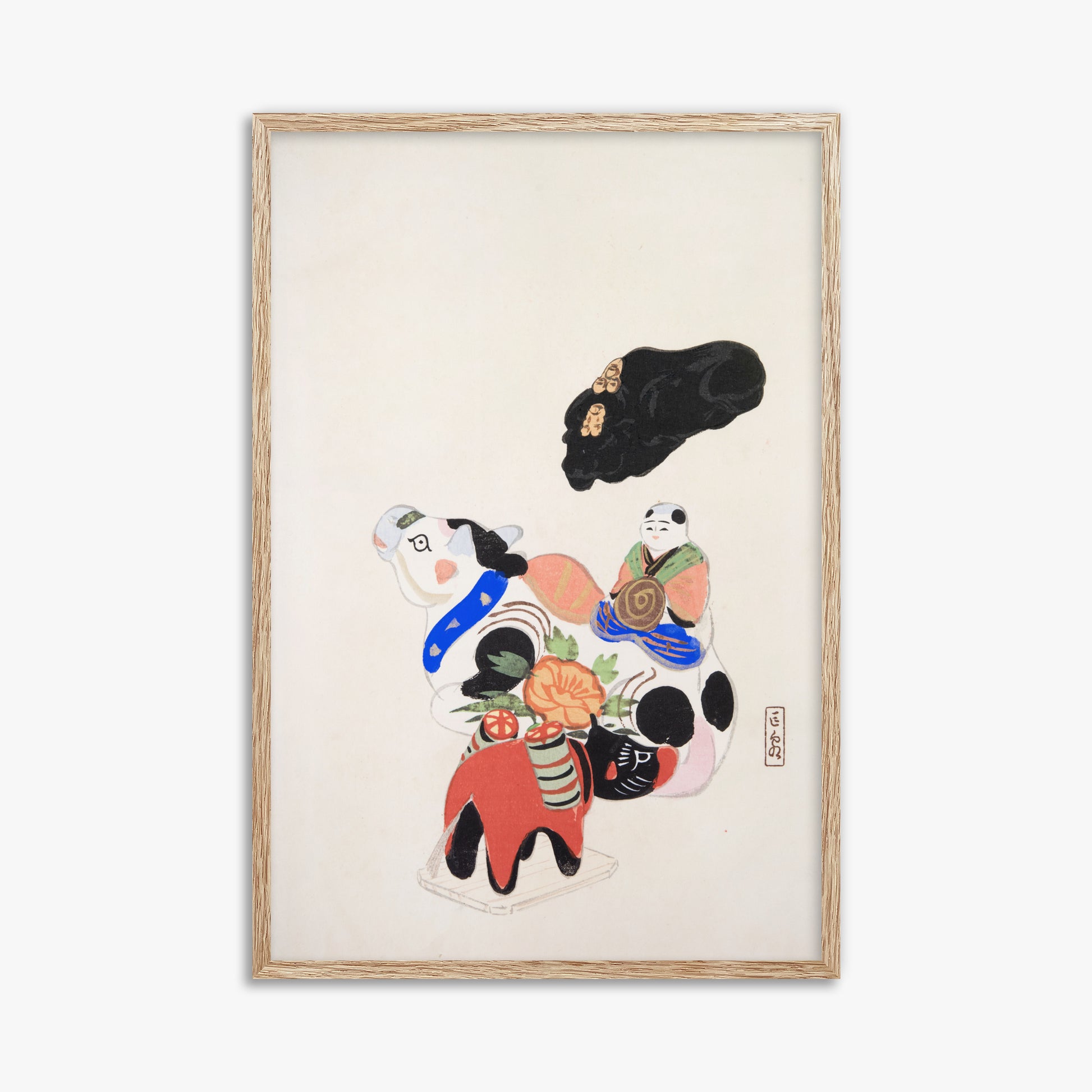 Kawasaki Kyosen: Kyosen’s Collected Illustrations of Japanese Toys Nr. 60 ("Eastern Charm: Folk Treasures"), 61x91cm Framed Art Reproduction With Raw Oak Frame