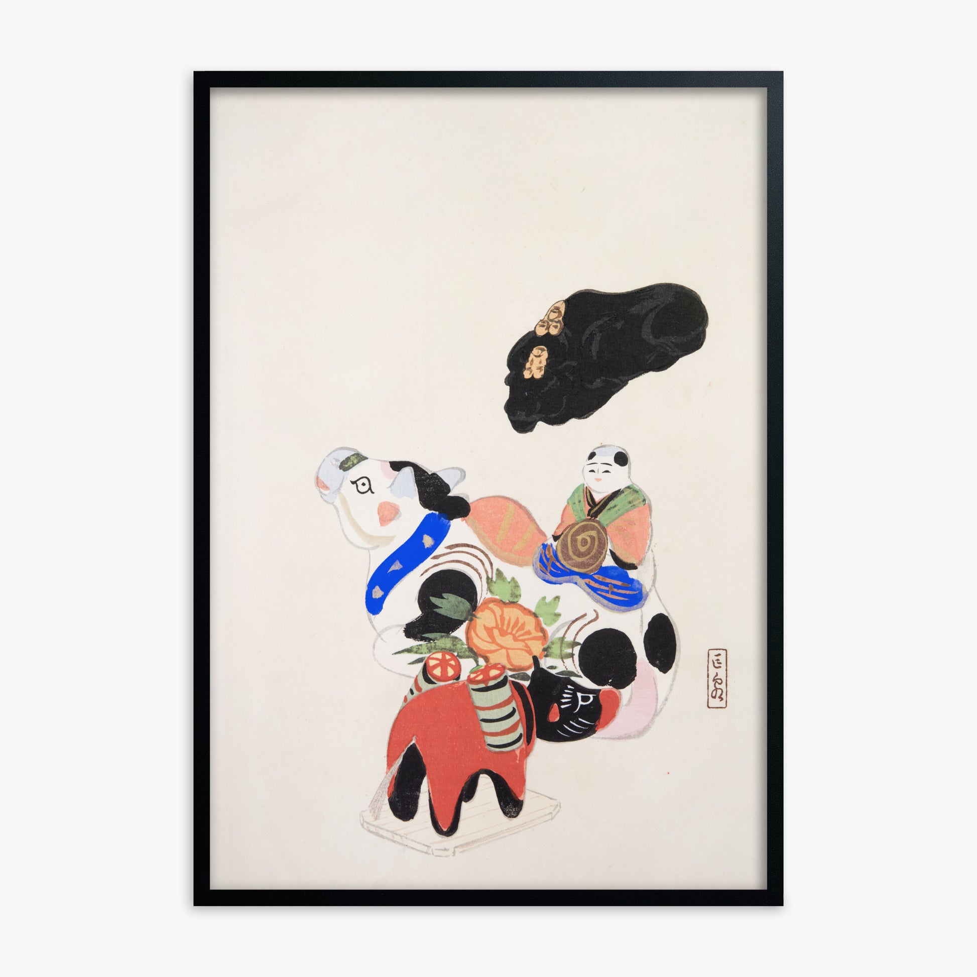 Kawasaki Kyosen: Kyosen’s Collected Illustrations of Japanese Toys Nr. 60 ("Eastern Charm: Folk Treasures"), Black Framed Art Reproduction With Black Frame