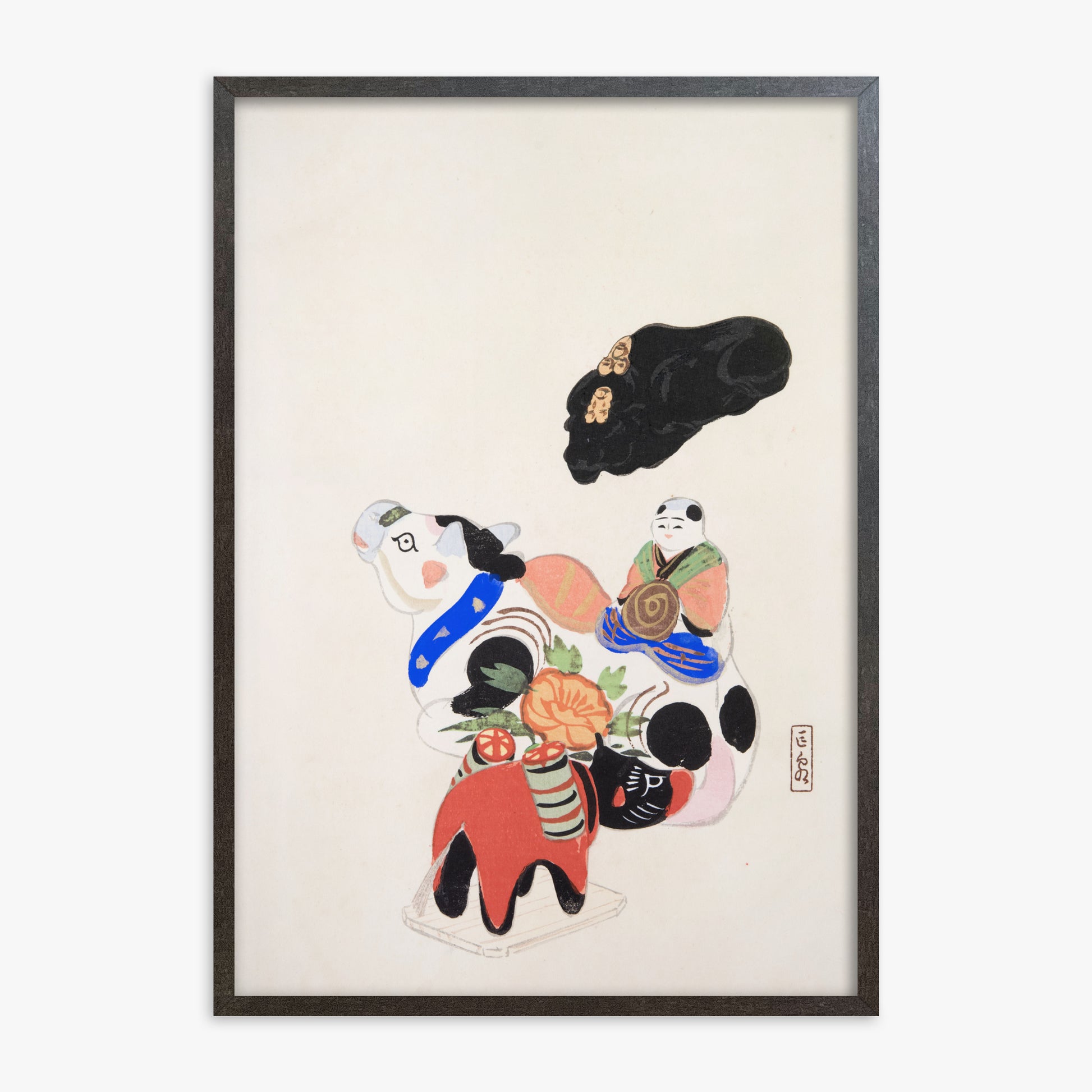 Kawasaki Kyosen: Kyosen’s Collected Illustrations of Japanese Toys Nr. 60 ("Eastern Charm: Folk Treasures"), 70x100cm Framed Art Reproduction With Espresso Frame