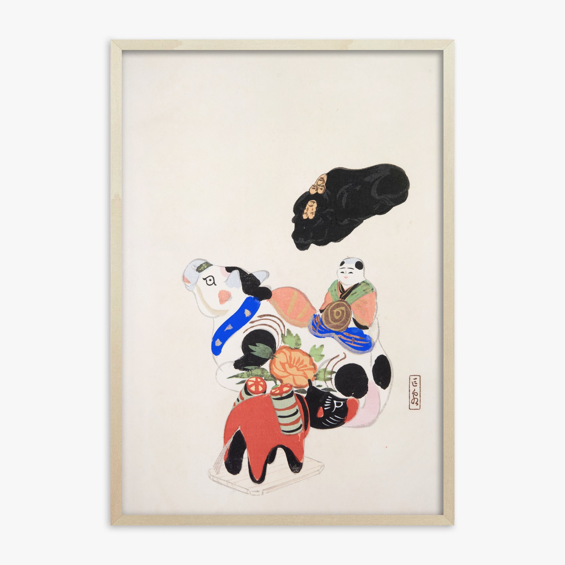 Kawasaki Kyosen: Kyosen’s Collected Illustrations of Japanese Toys Nr. 60 ("Eastern Charm: Folk Treasures"), 70x100cm Framed Art Reproduction With Lime Wood Frame