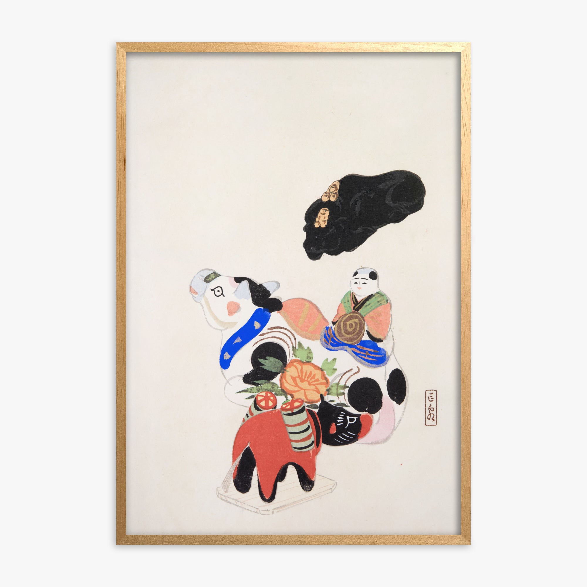 Kawasaki Kyosen: Kyosen’s Collected Illustrations of Japanese Toys Nr. 60 ("Eastern Charm: Folk Treasures"), Oak Framed Art Reproduction With Oak Frame