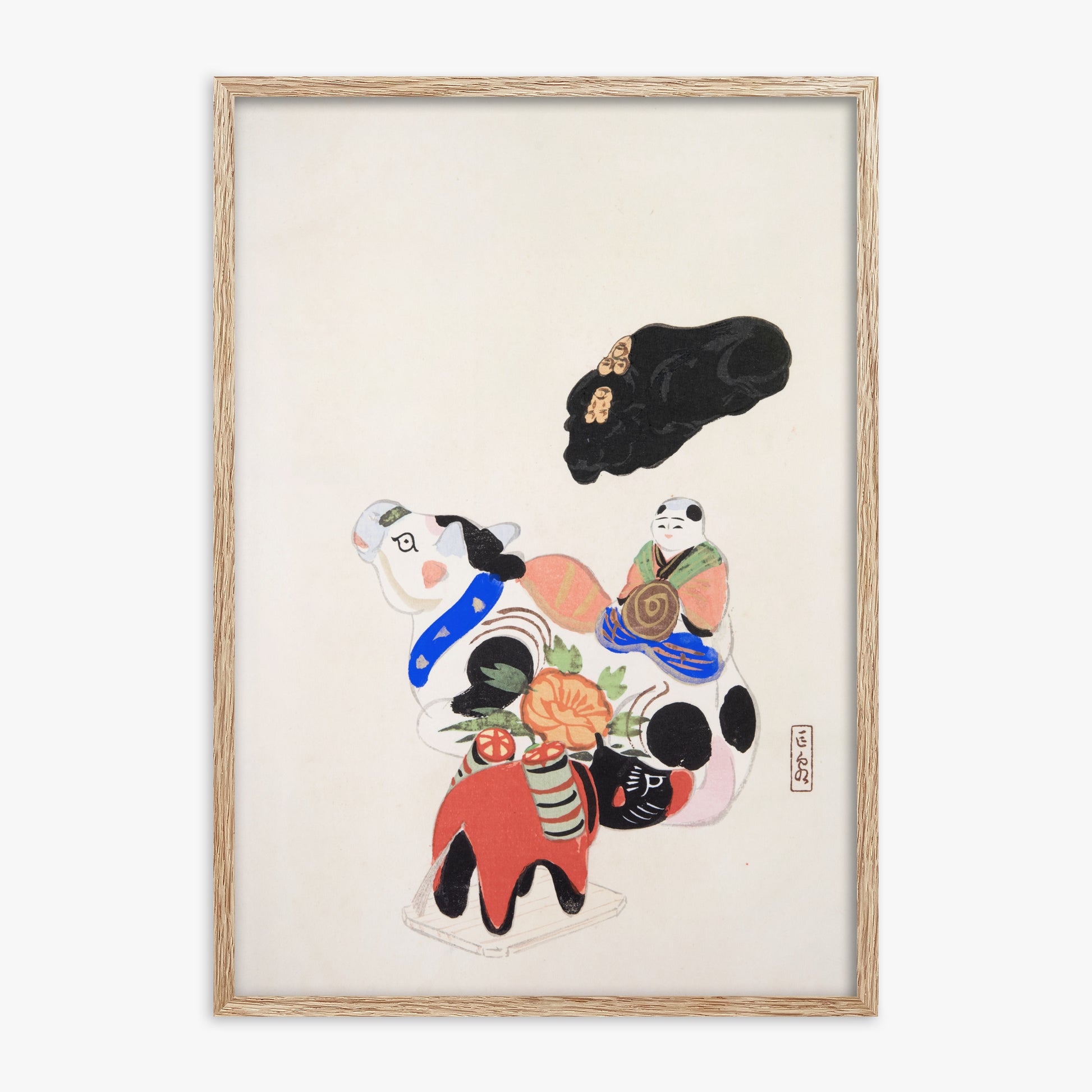 Kawasaki Kyosen: Kyosen’s Collected Illustrations of Japanese Toys Nr. 60 ("Eastern Charm: Folk Treasures"), 70x100cm Framed Art Reproduction With Raw Oak Frame