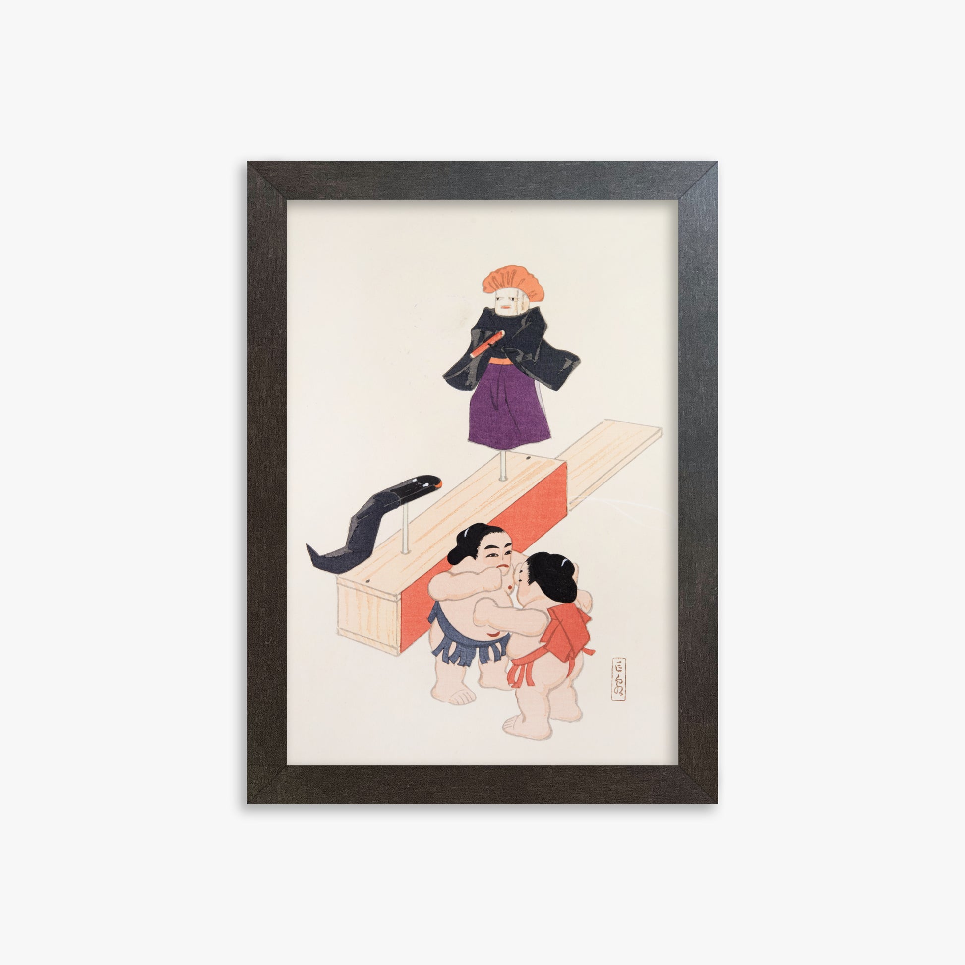 Kawasaki Kyosen: Kyosen’s Collected Illustrations of Japanese Toys Nr. 61 ("Traditional Japanese Doll Scene"), 21x30cm Framed Art Reproduction With Espresso Frame
