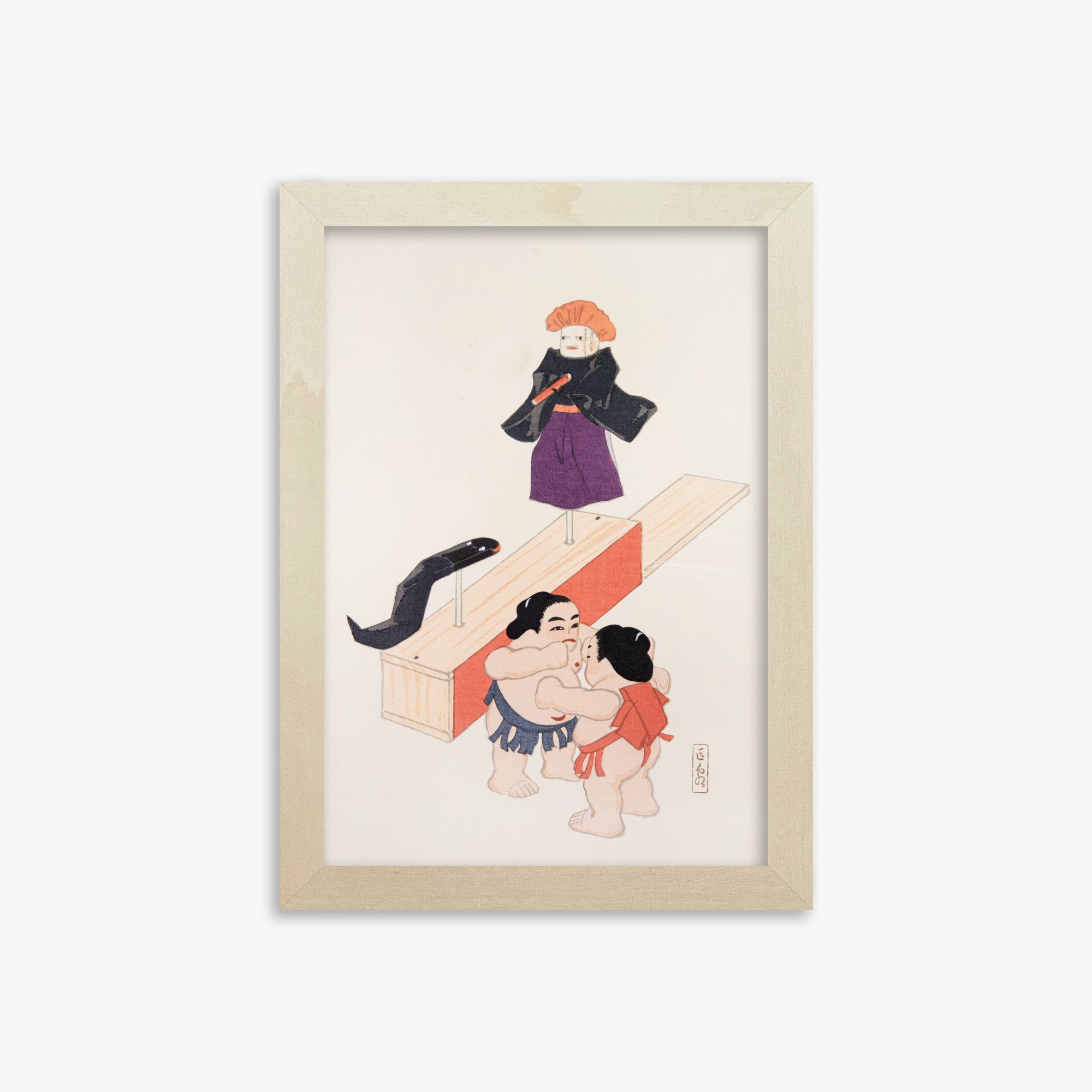 Kawasaki Kyosen: Kyosen’s Collected Illustrations of Japanese Toys Nr. 61 ("Traditional Japanese Doll Scene"), 21x30cm Framed Art Reproduction With Lime Wood Frame