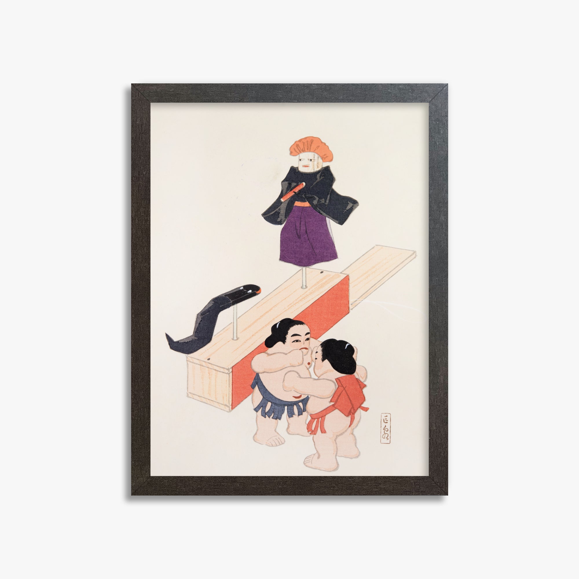 Kawasaki Kyosen: Kyosen’s Collected Illustrations of Japanese Toys Nr. 61 ("Traditional Japanese Doll Scene"), 30x40cm Framed Art Reproduction With Espresso Frame