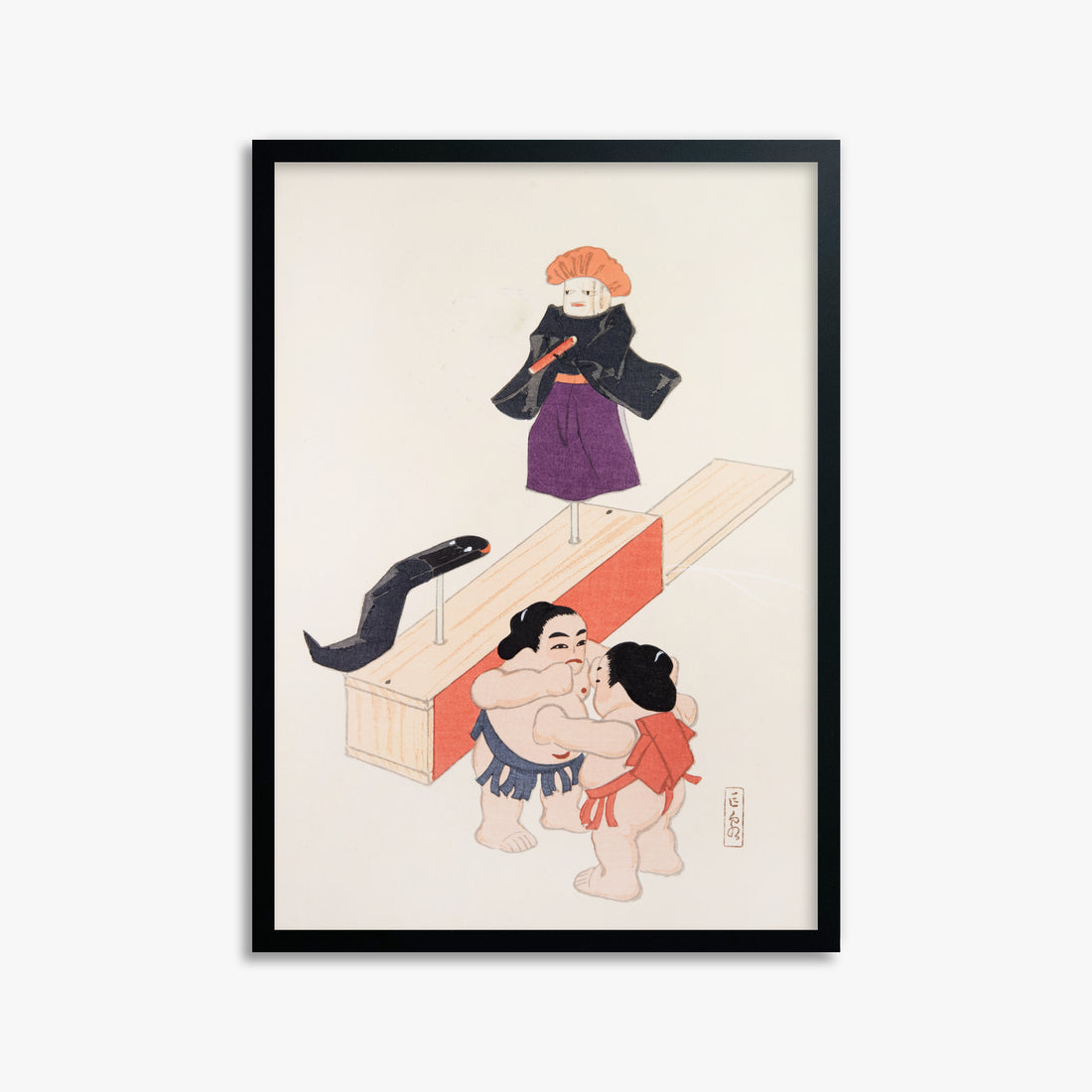 Kawasaki Kyosen: Kyosen’s Collected Illustrations of Japanese Toys Nr. 61 ("Traditional Japanese Doll Scene"), 50x70cm Framed Art Reproduction With Black Frame
