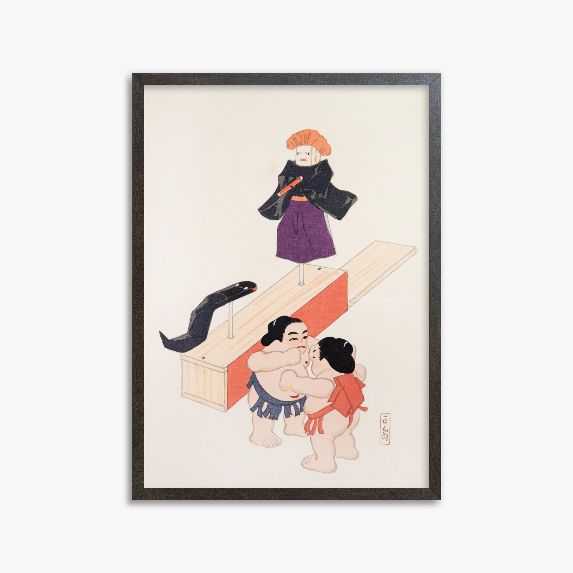Kawasaki Kyosen: Kyosen’s Collected Illustrations of Japanese Toys Nr. 61 ("Traditional Japanese Doll Scene"), 50x70cm Framed Art Reproduction With Espresso Frame