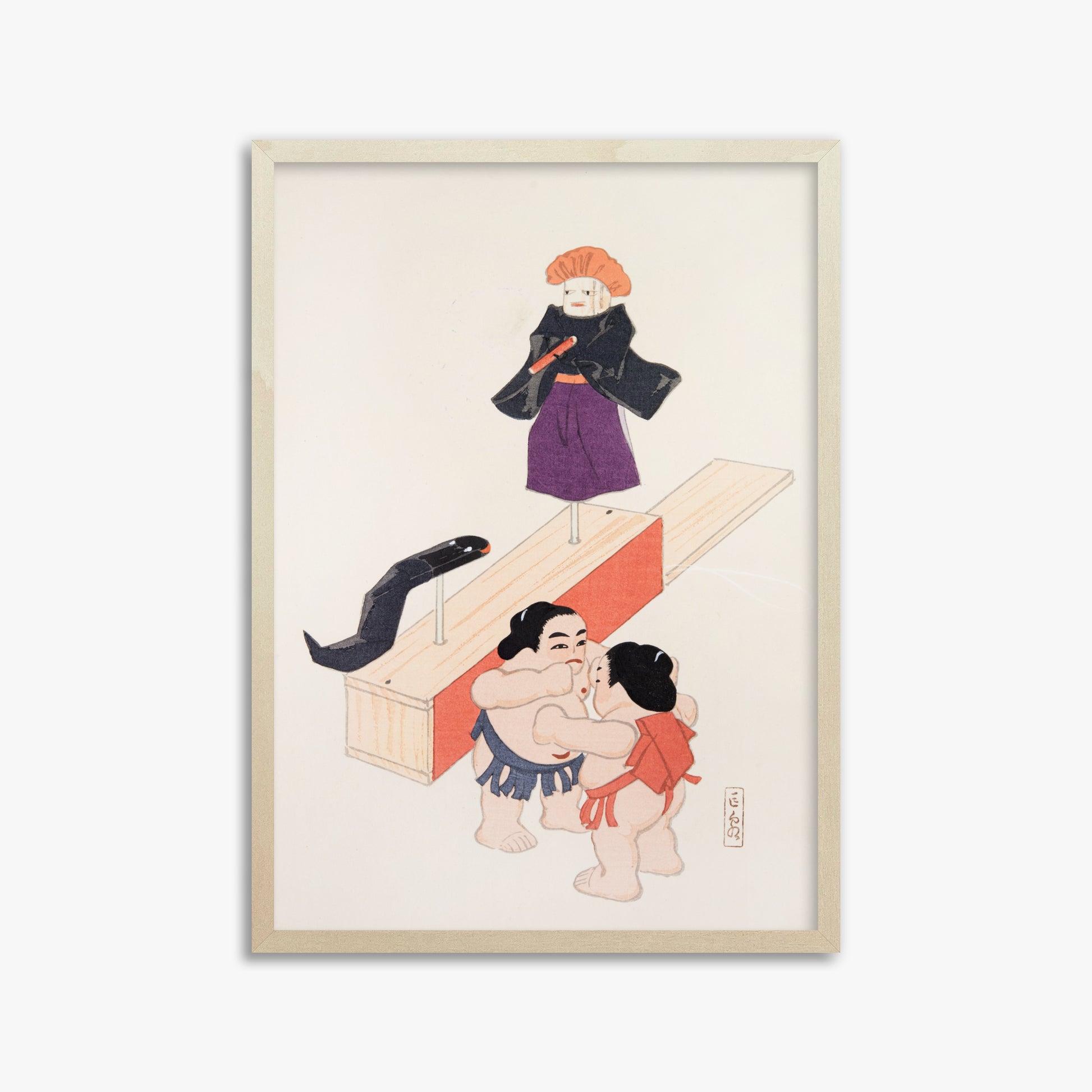 Kawasaki Kyosen: Kyosen’s Collected Illustrations of Japanese Toys Nr. 61 ("Traditional Japanese Doll Scene"), 50x70cm Framed Art Reproduction With Lime Wood Frame