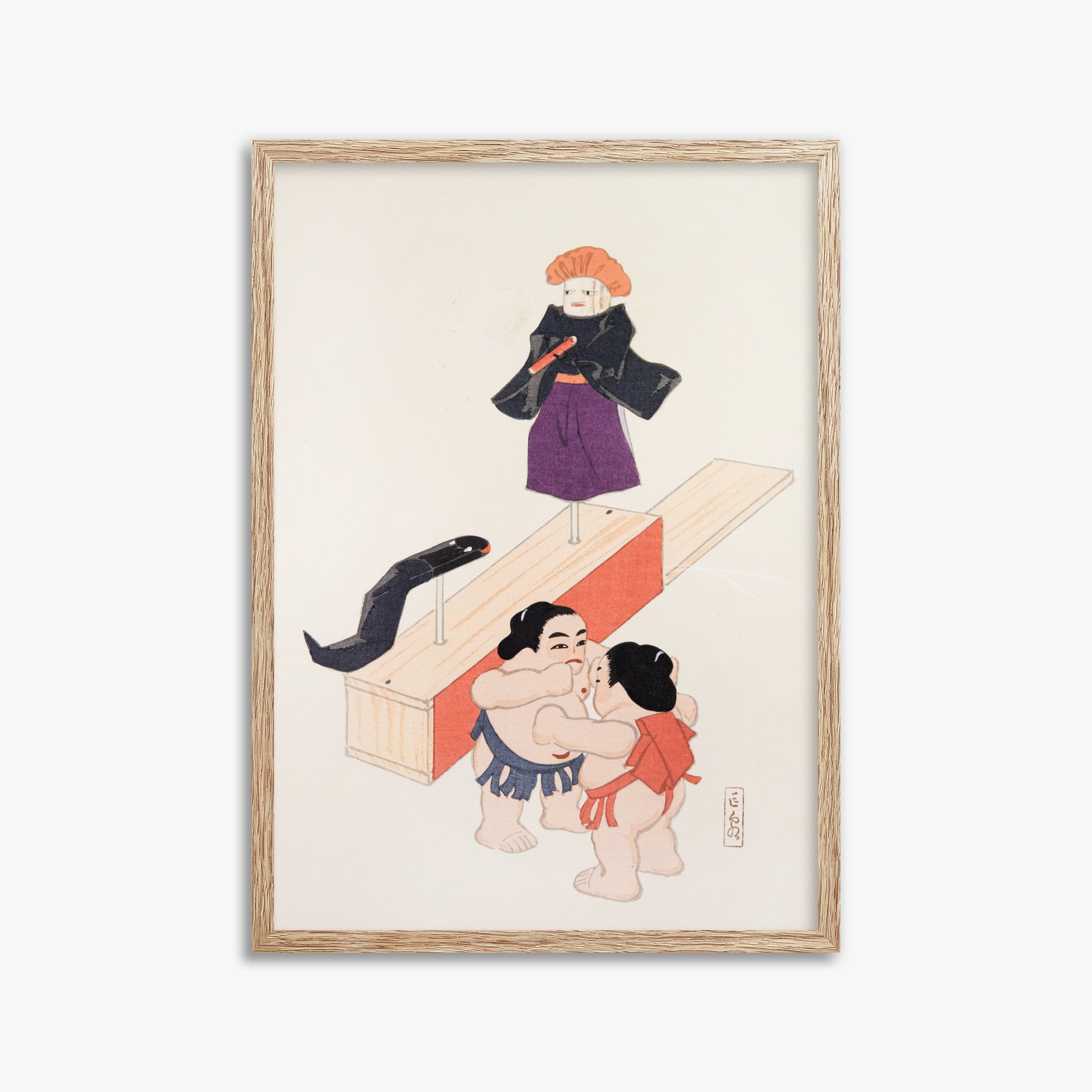 Kawasaki Kyosen: Kyosen’s Collected Illustrations of Japanese Toys Nr. 61 ("Traditional Japanese Doll Scene"), 50x70cm Framed Art Reproduction With Raw Oak Frame
