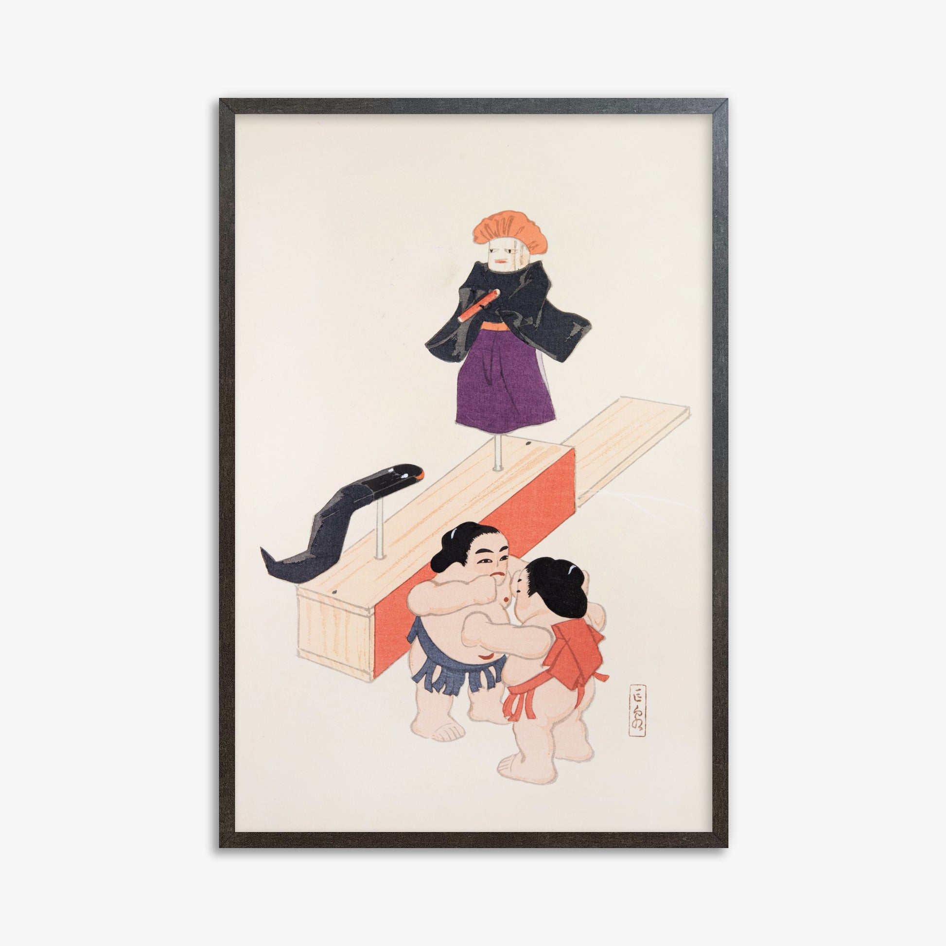 Kawasaki Kyosen: Kyosen’s Collected Illustrations of Japanese Toys Nr. 61 ("Traditional Japanese Doll Scene"), 61x91cm Framed Art Reproduction With Espresso Frame