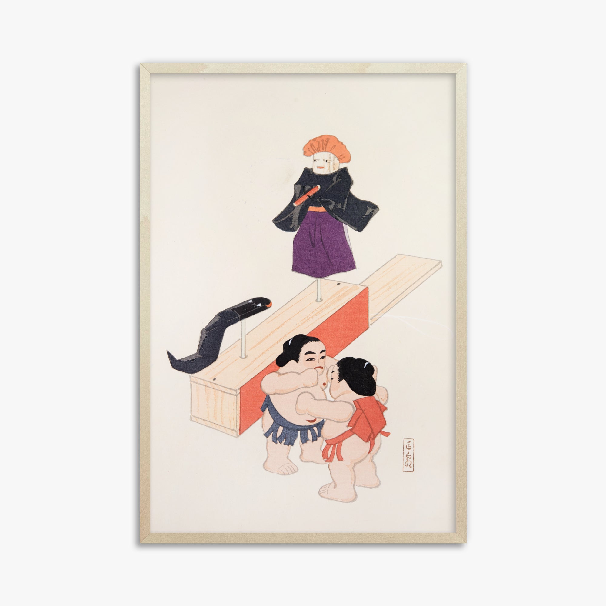 Kawasaki Kyosen: Kyosen’s Collected Illustrations of Japanese Toys Nr. 61 ("Traditional Japanese Doll Scene"), 61x91cm Framed Art Reproduction With Lime Wood Frame