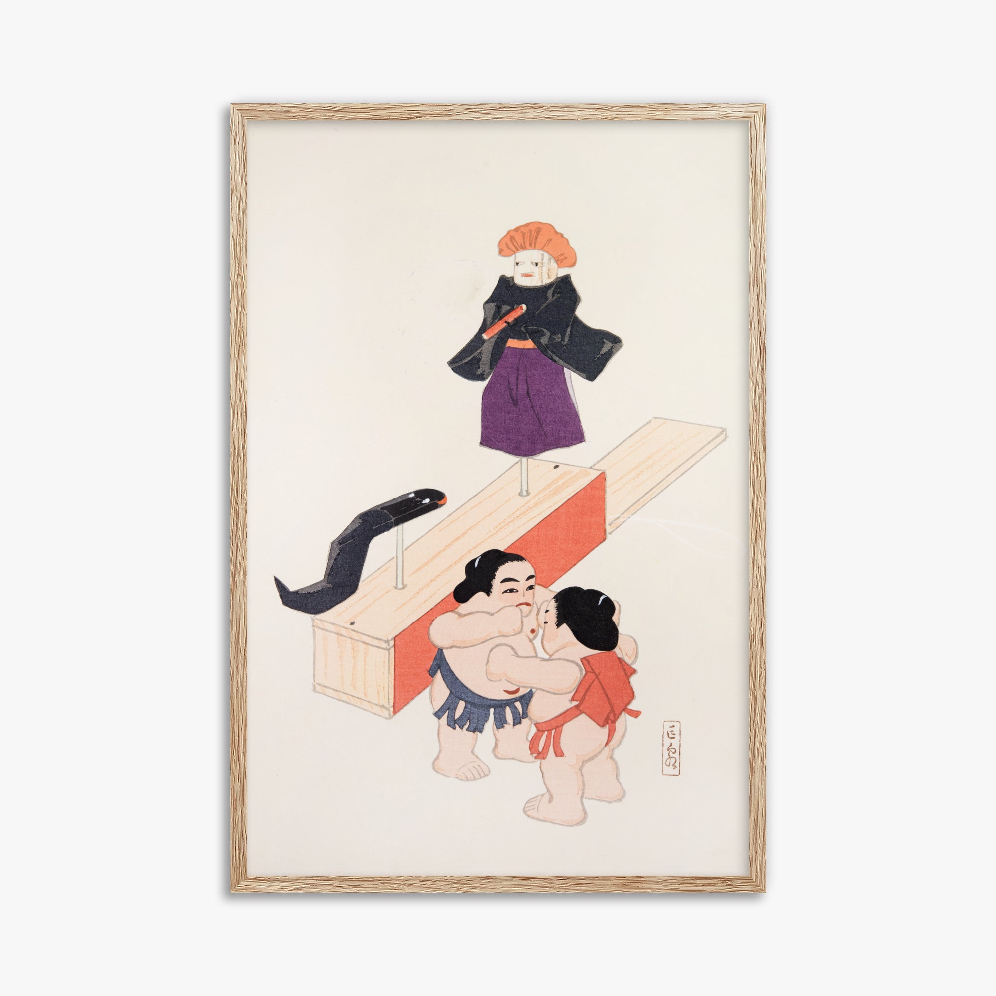 Kawasaki Kyosen: Kyosen’s Collected Illustrations of Japanese Toys Nr. 61 ("Traditional Japanese Doll Scene"), 61x91cm Framed Art Reproduction With Raw Oak Frame