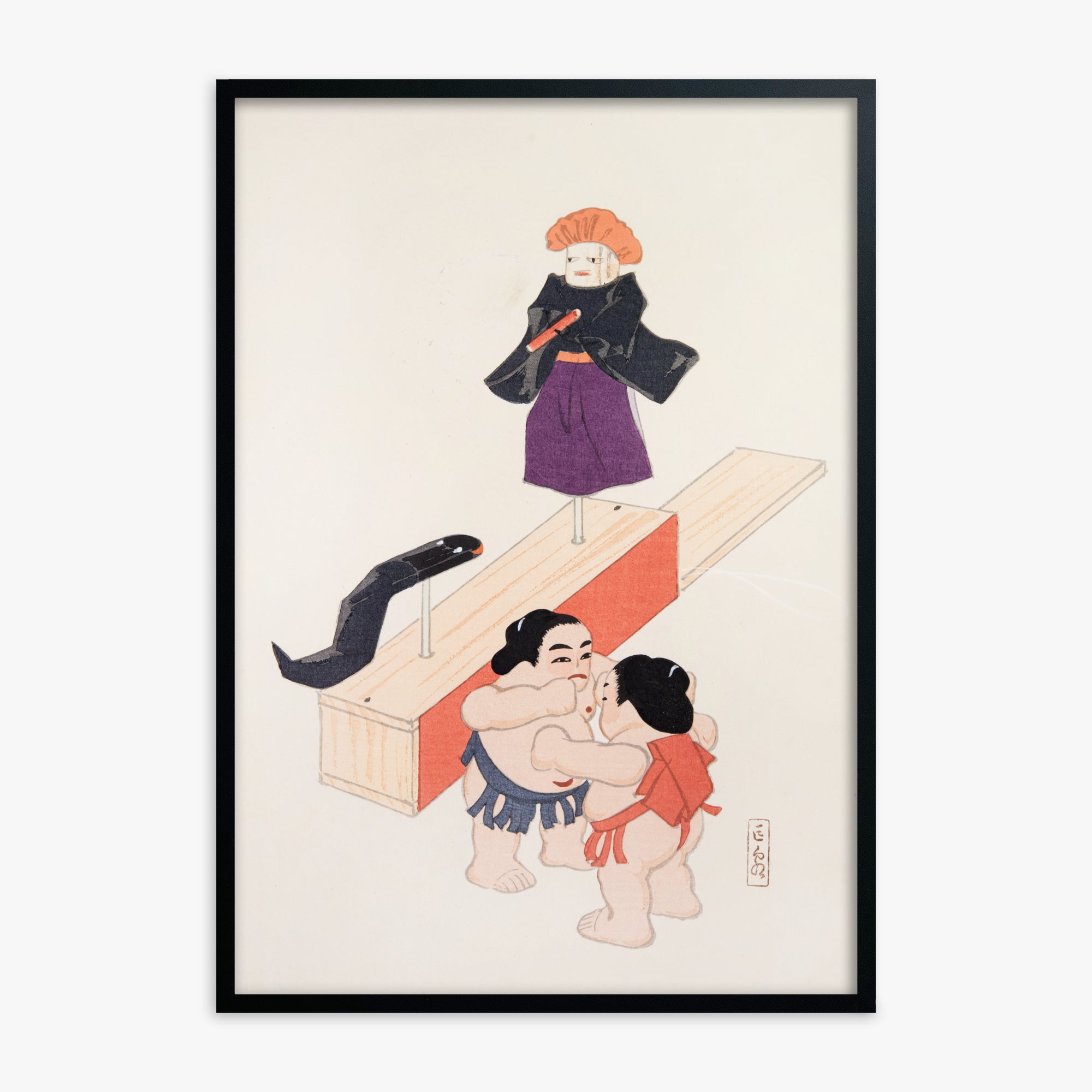 Kawasaki Kyosen: Kyosen’s Collected Illustrations of Japanese Toys Nr. 61 ("Traditional Japanese Doll Scene"), Black Framed Art Reproduction With Black Frame