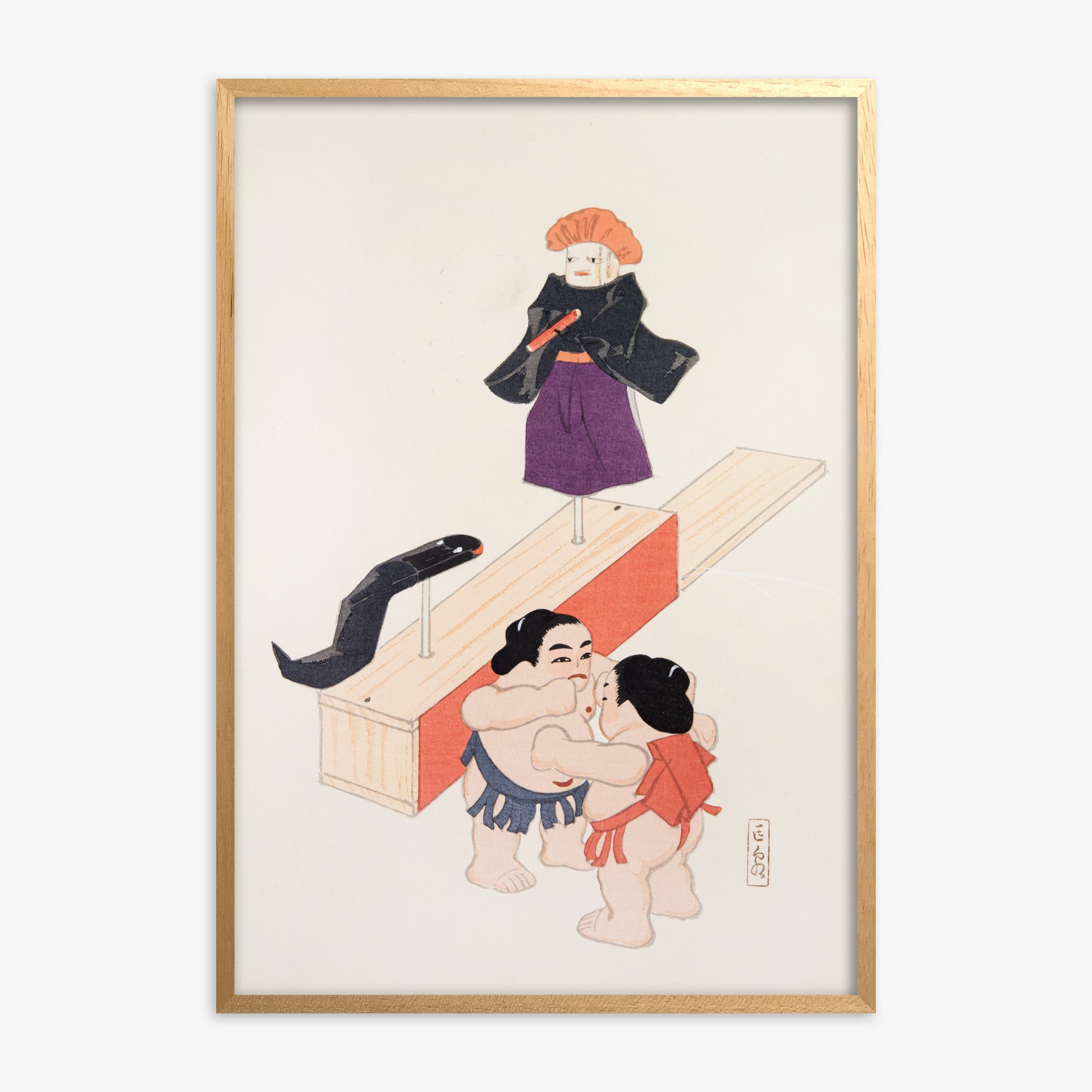 Kawasaki Kyosen: Kyosen’s Collected Illustrations of Japanese Toys Nr. 61 ("Traditional Japanese Doll Scene"), Oak Framed Art Reproduction With Oak Frame